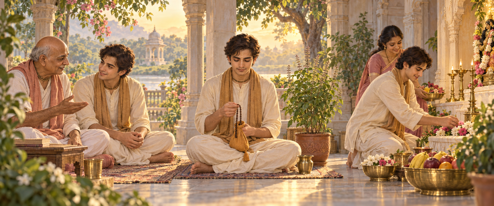 A learner receives guidance from a senior devotee, chants with prayer beads beside a tulasi plant and joins others in devotional service.