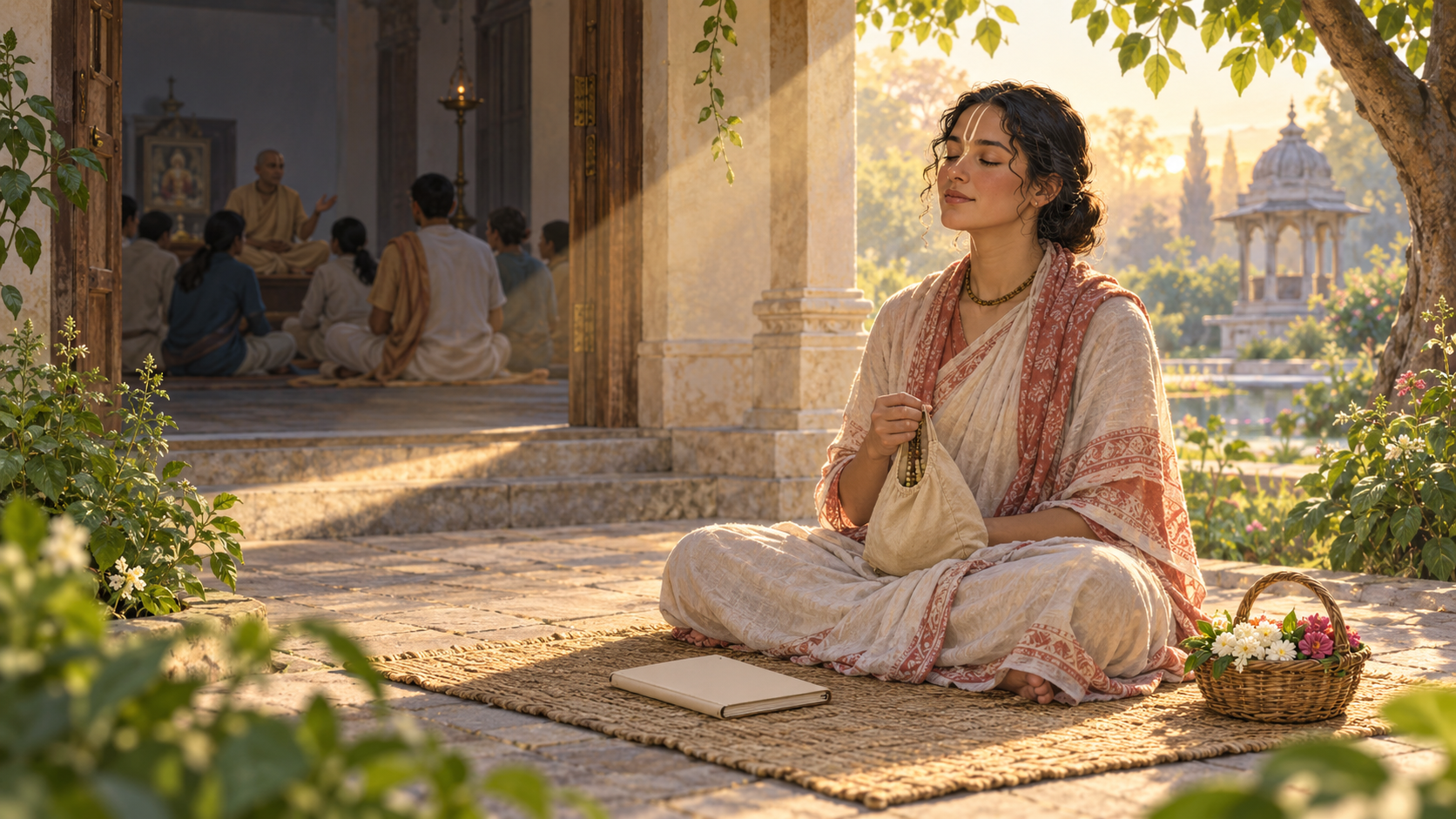 A participant leaves a lecture setting, closes a notebook and begins chanting prayer beads on a mat with flowers ready for service.