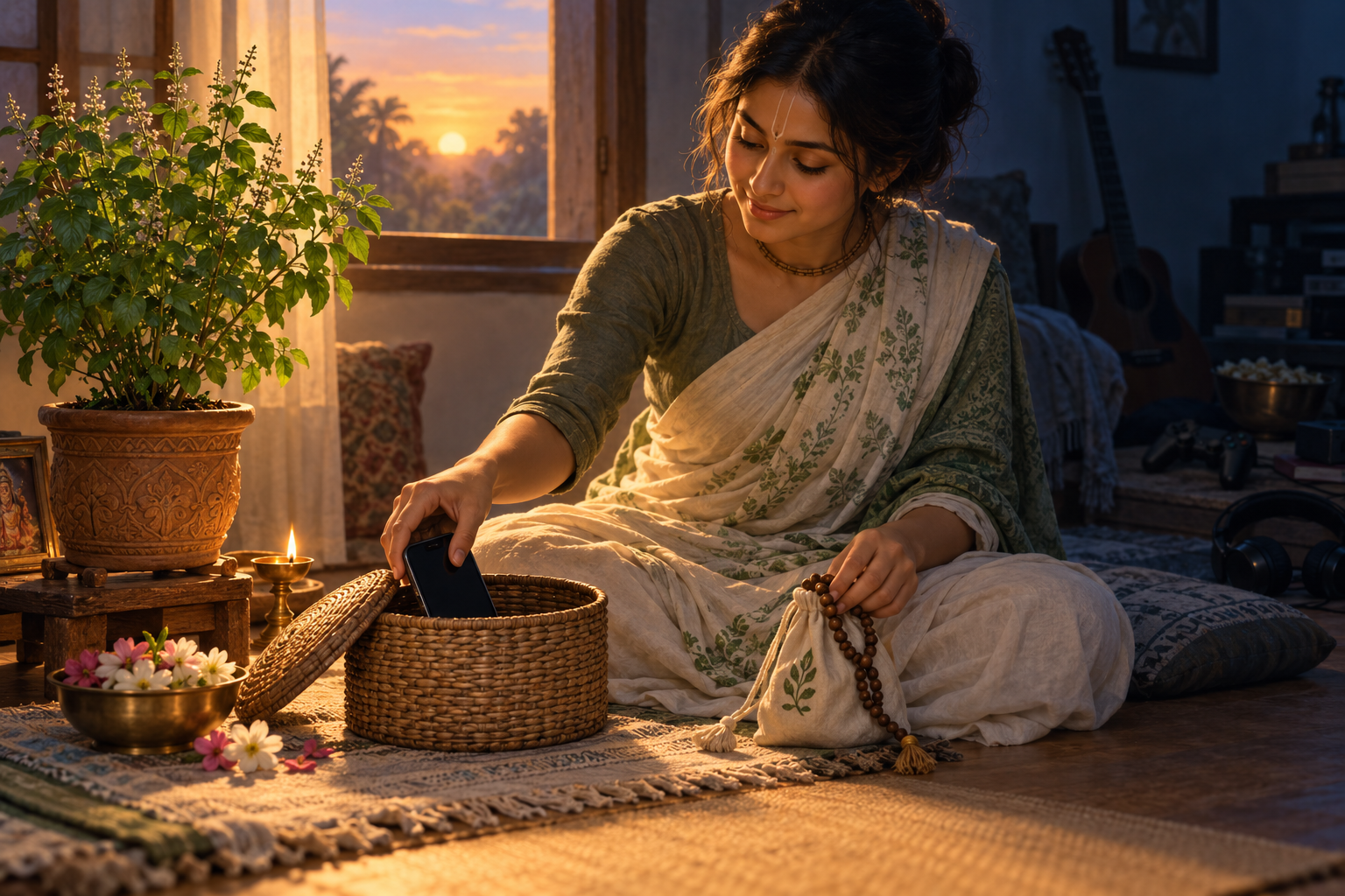 A practitioner puts away a blank-screen phone and reaches for prayer beads beside a tulasi plant, oil lamp and fresh flowers.