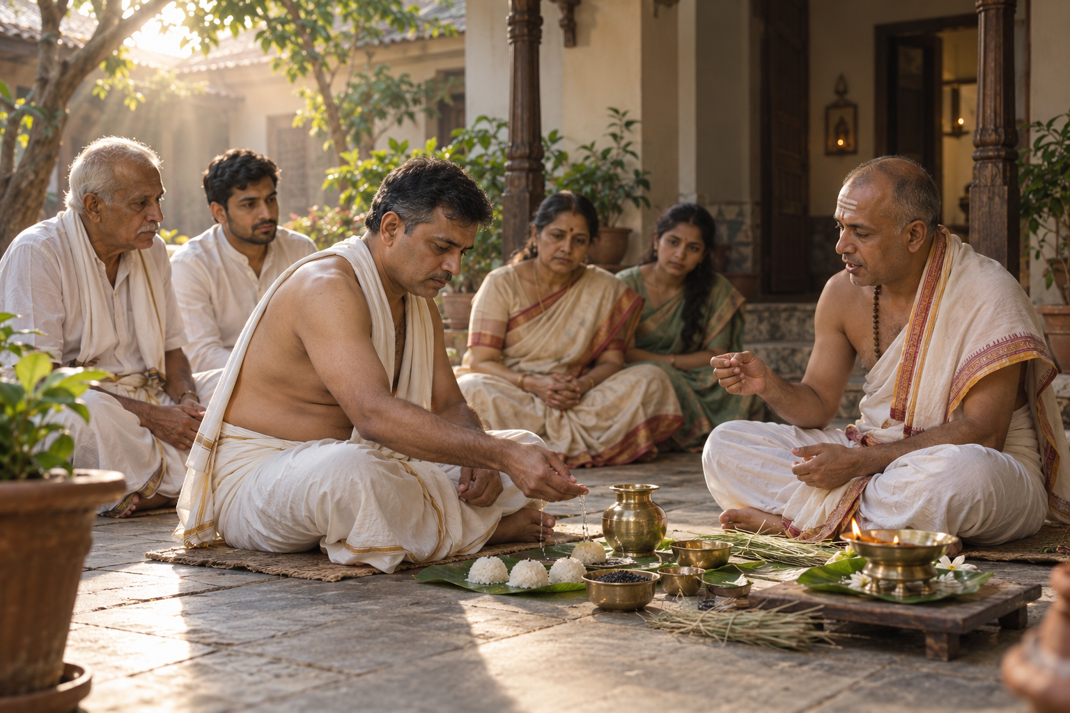 A family observes a Shraddha rite in a home courtyard while a Vedic priest guides the householder beside water, sesame, darbha grass, rice offerings, and an oil lamp.