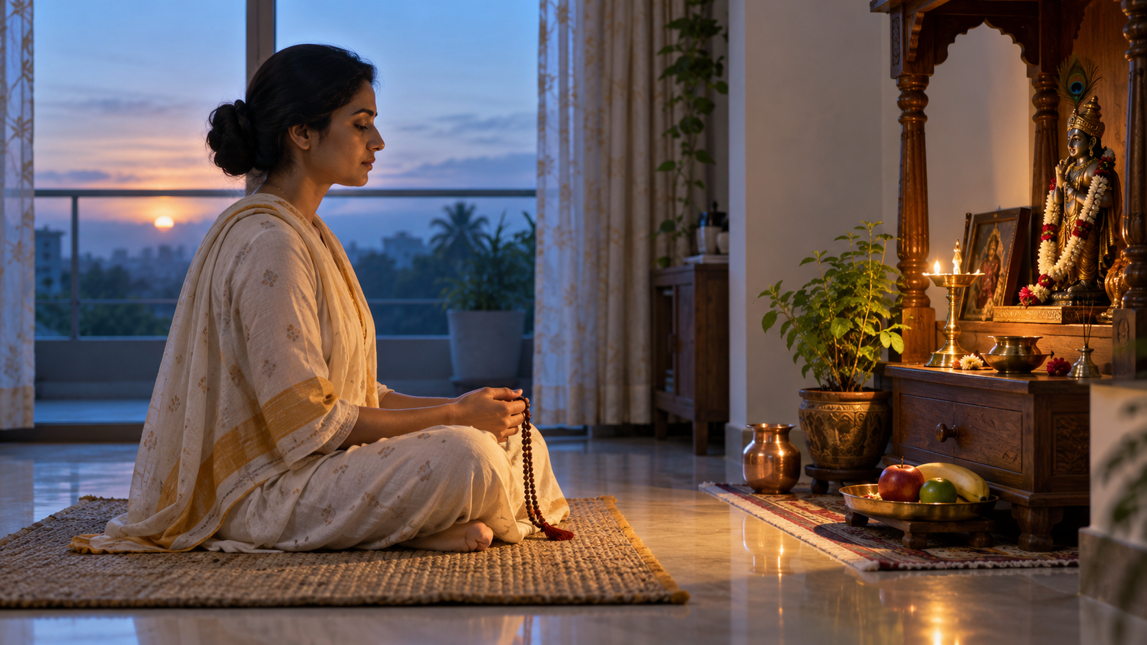 A practitioner prays with a japa mala beside a lamp, tulsi plant, water vessel, and fruit before sunrise.
