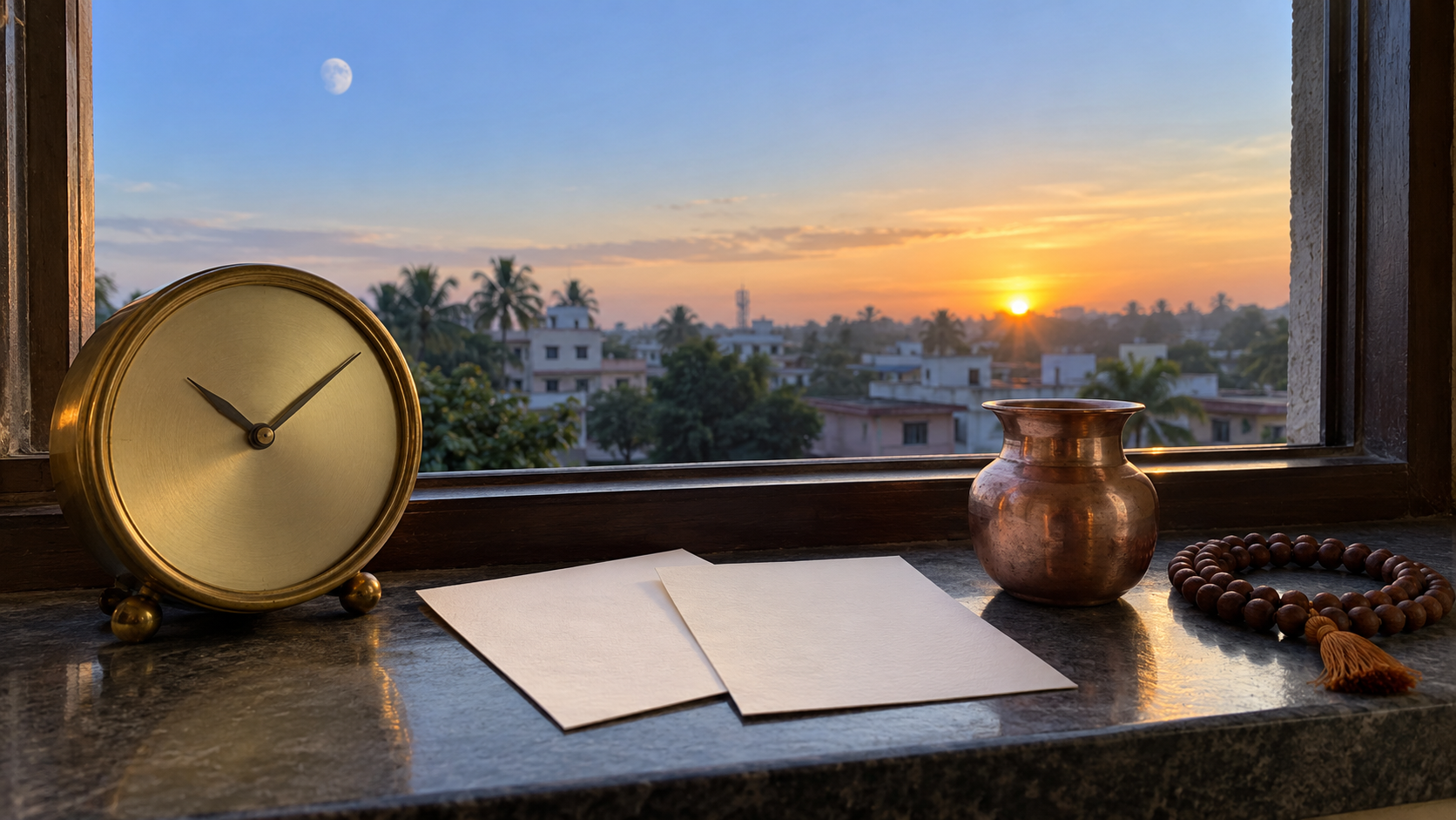 An unmarked clock, plain calendar leaves, water vessel, and prayer beads sit by a window as the moon fades at dawn.