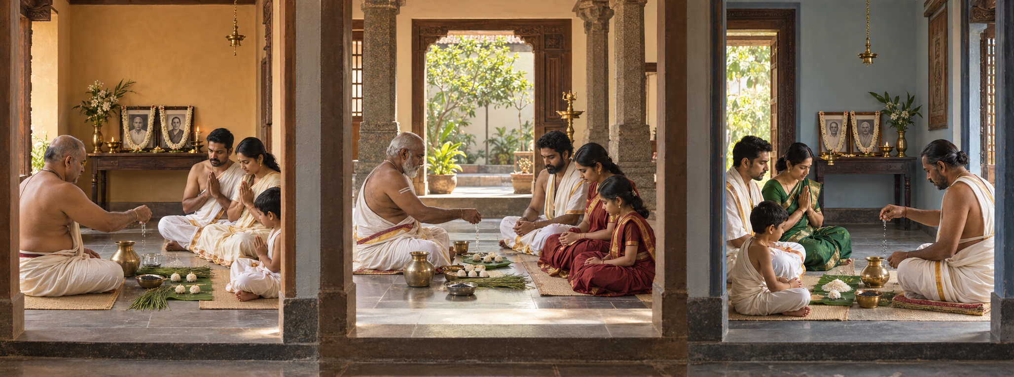 Three separate families conduct distinct Shraddha procedures in adjoining ritual spaces, each using water, darbha grass, sesame, and rice offerings in a different arrangement.