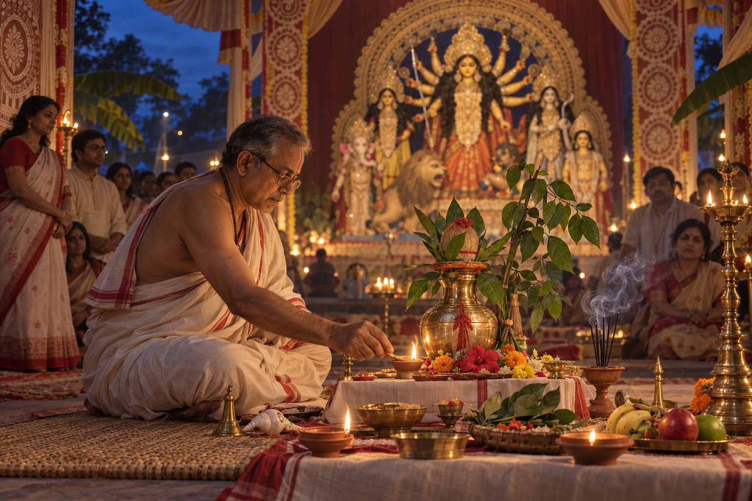 A priest performs the Bodhan rite before ritual vessels, flowers, lamps, and a bilva branch, with a Durga image and waiting devotees in the background.