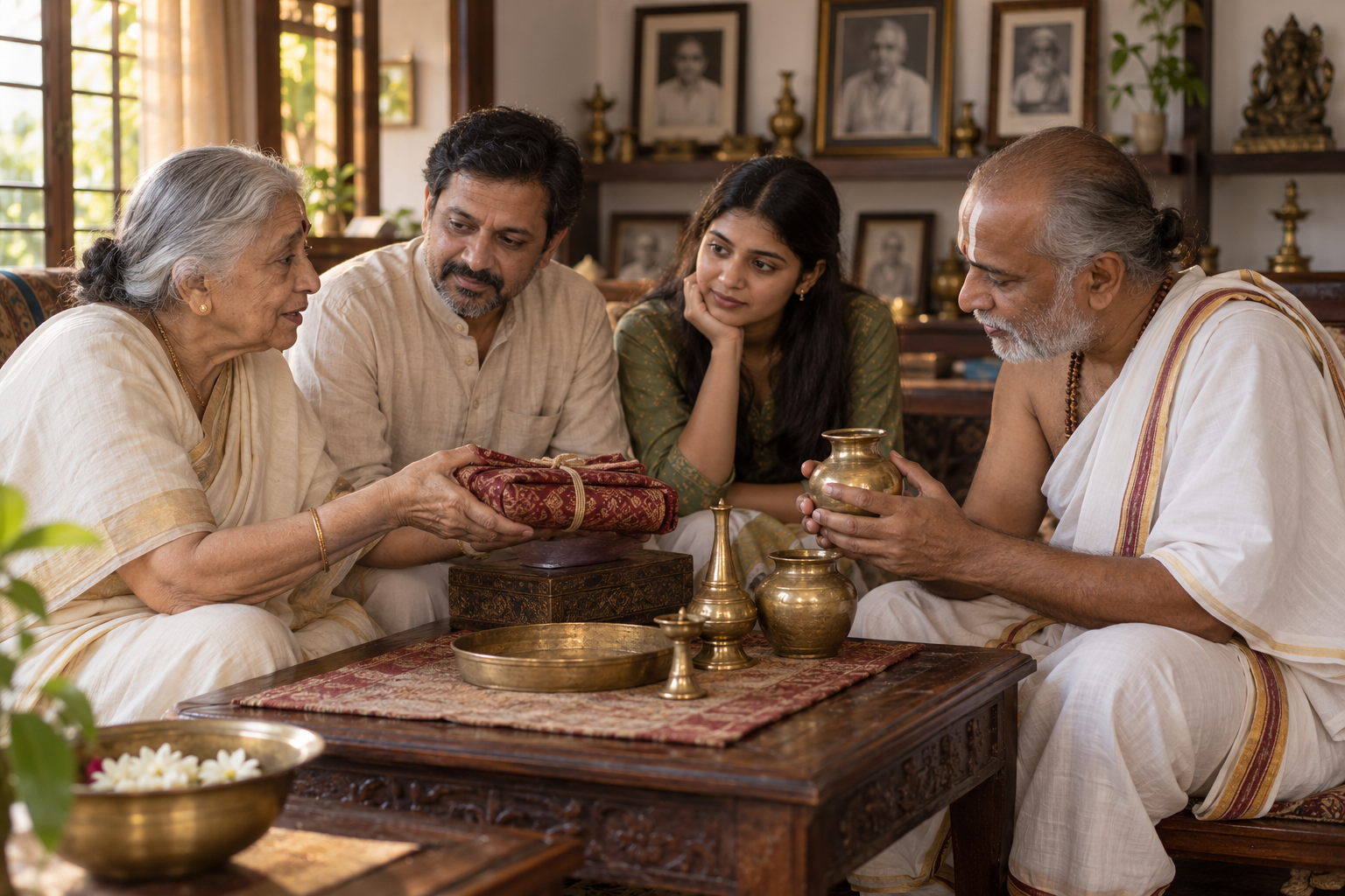 An elder and two younger relatives consult a Vedic priest beside inherited ritual objects, with ancestral portraits visible in the background.
