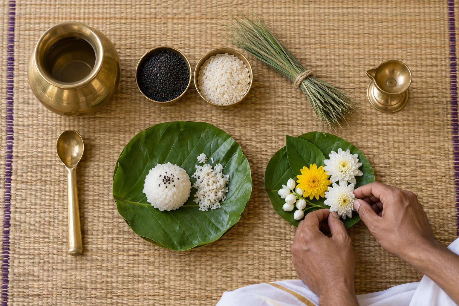 An overhead view shows water vessels, sesame, rice, darbha grass, leaf plates, flowers, and an oil lamp neatly prepared for one Shraddha procedure.