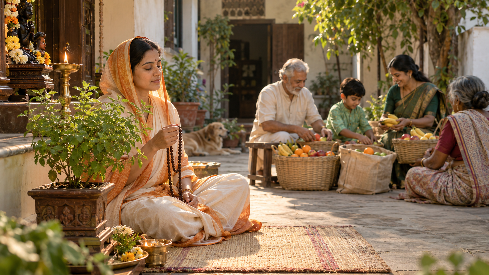 A practitioner chants with prayer beads while family members prepare baskets of fruit for acts of service.