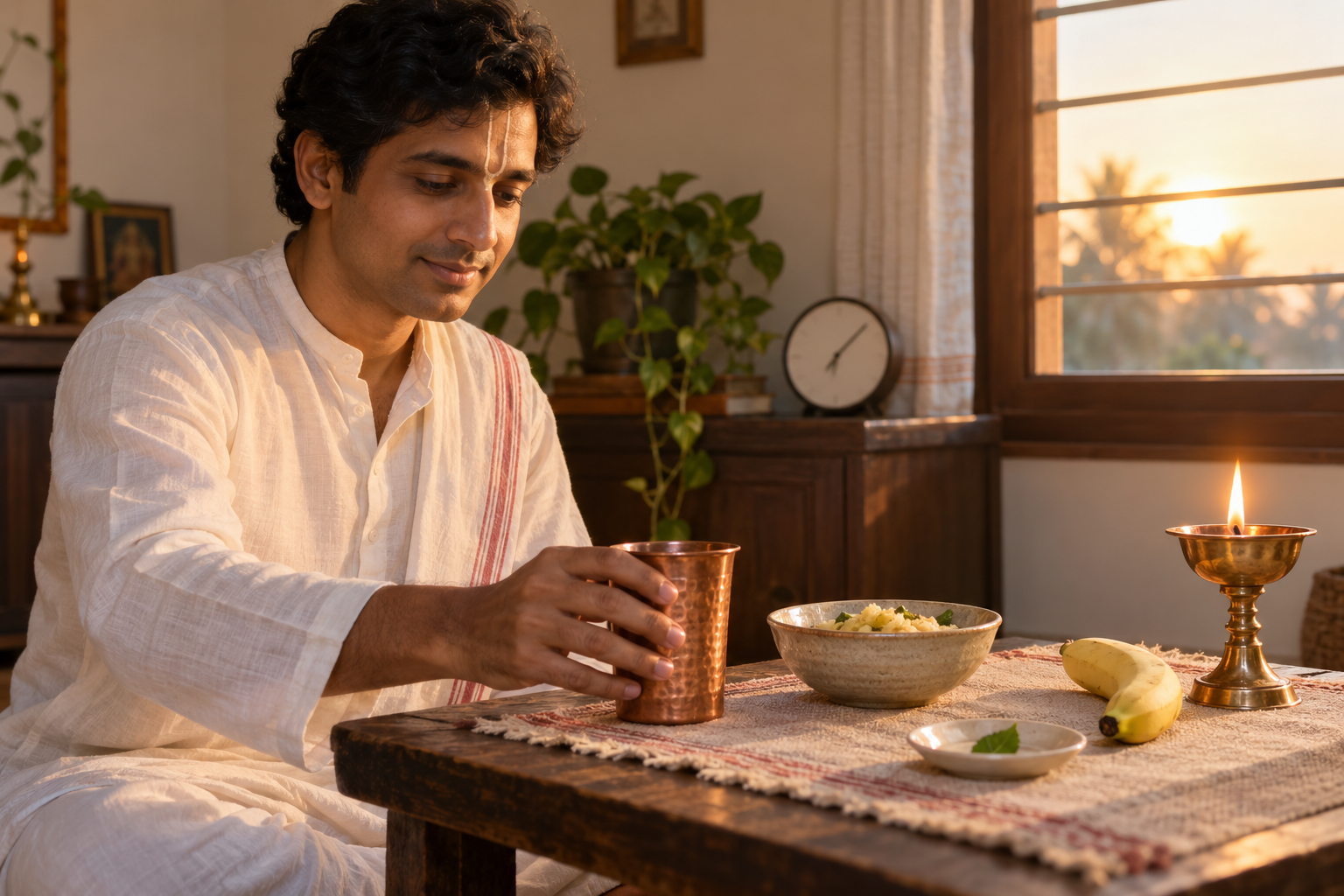 A practitioner prepares to break the fast with water and a simple meal in the golden light of the following morning.