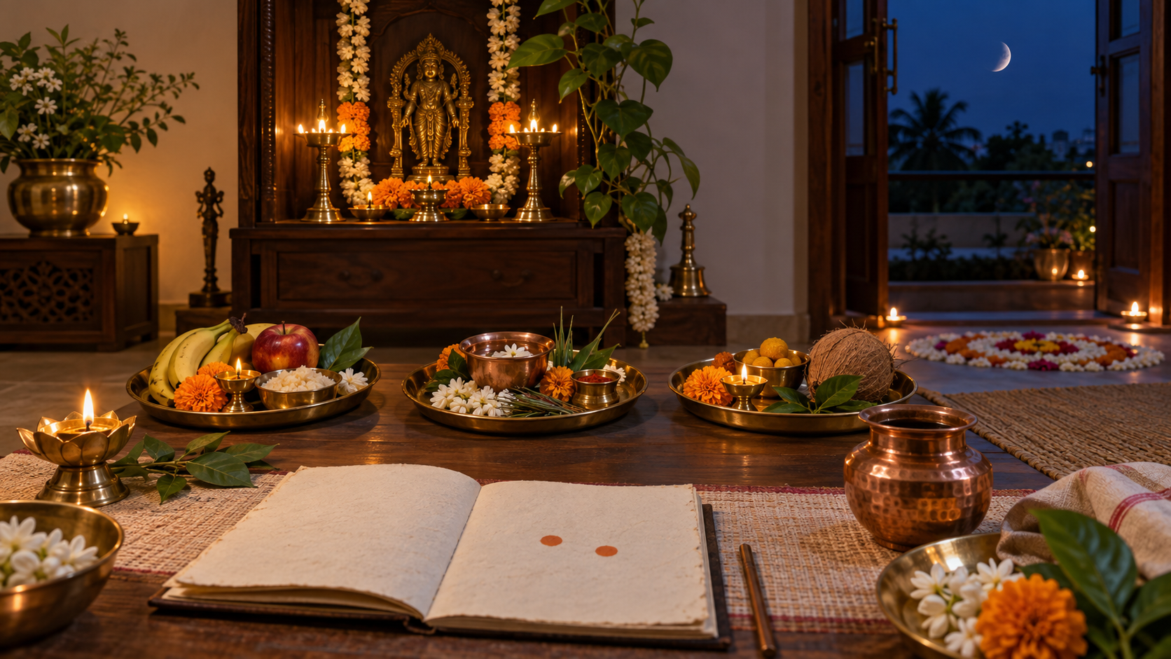 A home prayer corner with glowing brass lamps, flowers, three separate offering trays, and an open planner marked with two saffron circles at twilight.
