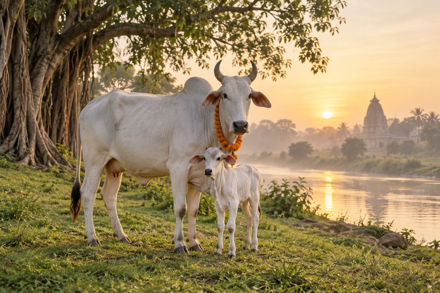 A white zebu cow wearing a marigold garland stands beside her calf near a river, banyan tree, and distant Hindu temple at sunrise.
