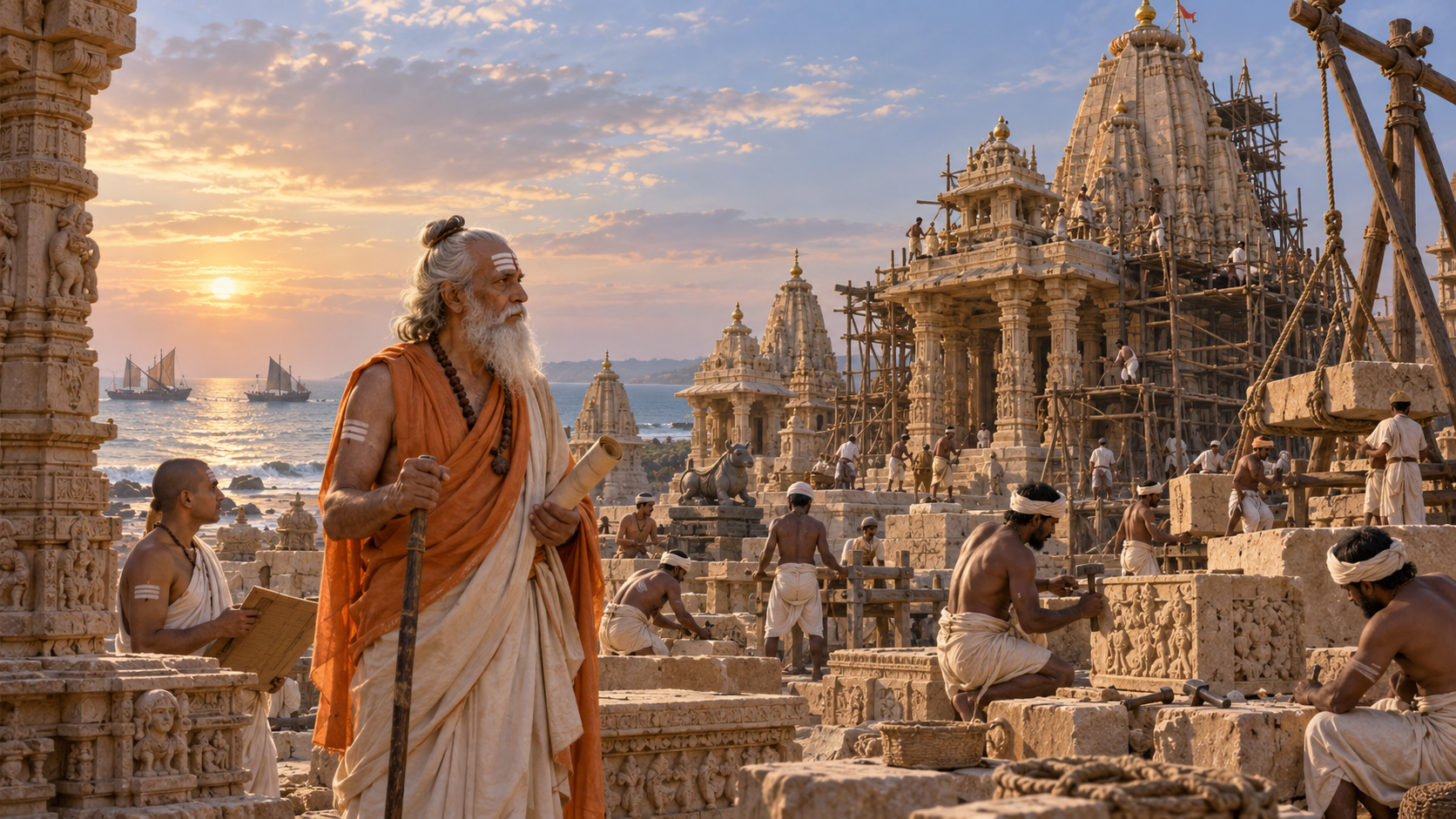 Bhava Brihaspati watches masons and stone carvers reconstruct a medieval temple complex beside the sea at Somnath.