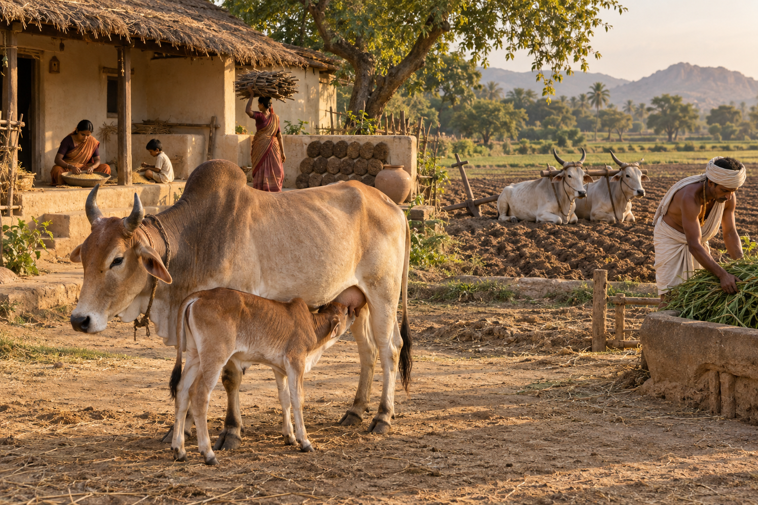 A rural Indian farmstead with a cow nursing her calf, resting oxen, a ploughed field, stored cattle fodder, and a family caring for the animals.