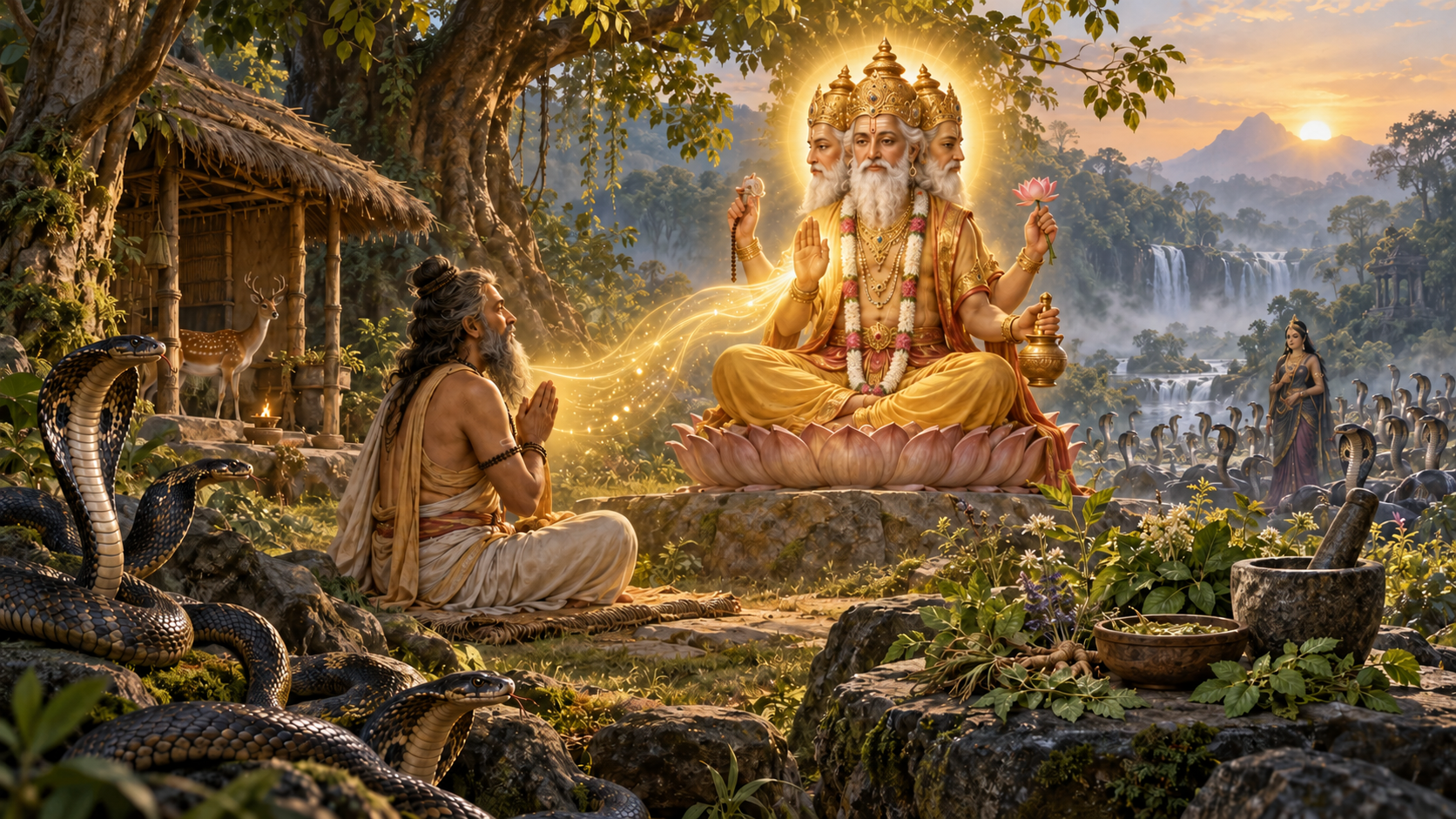 Brahma imparts sacred knowledge to the seated sage Kashyapa beside serpents, medicinal herbs, a mortar, and a bowl at a forest hermitage.