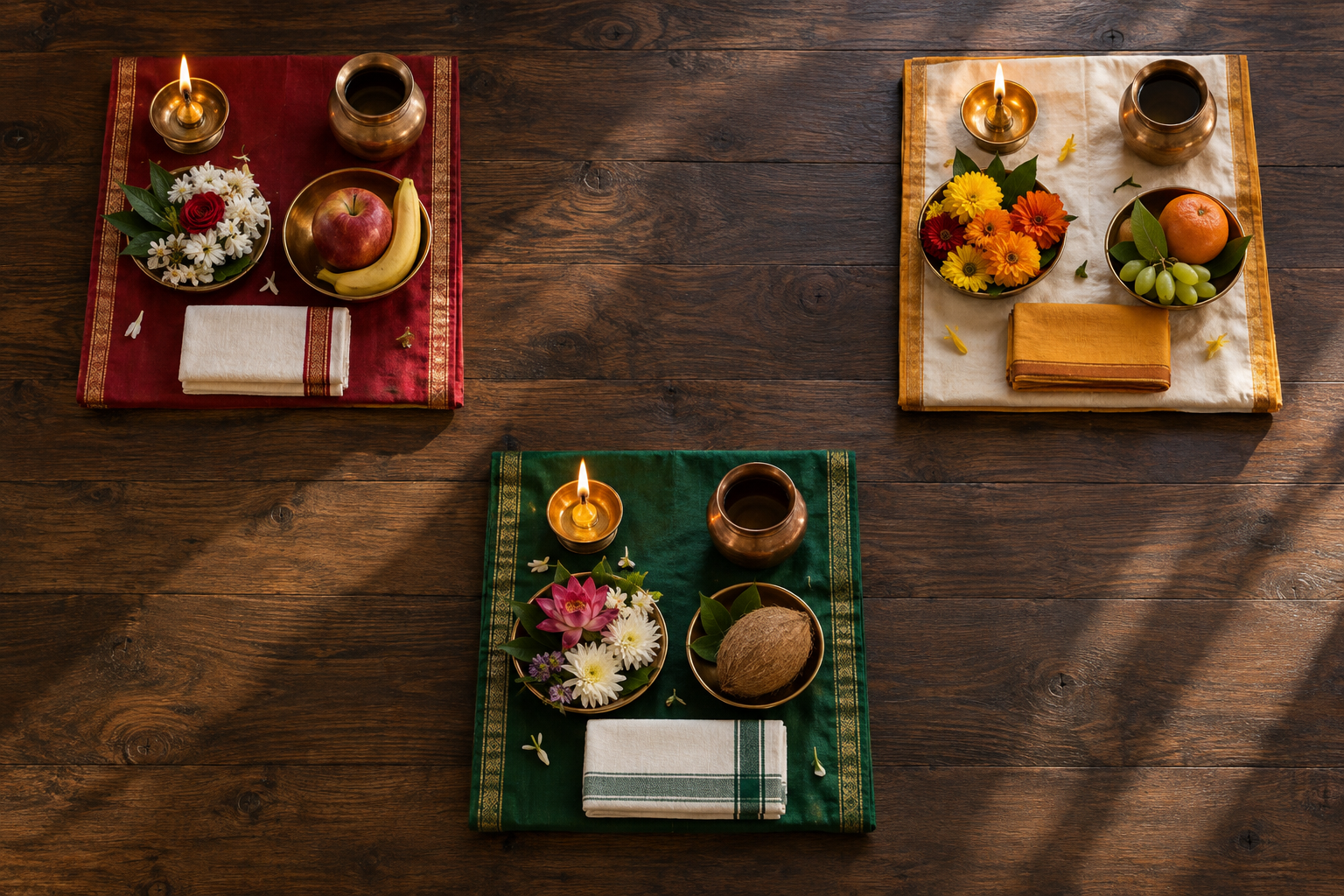 Three separate ritual stations are arranged on individual cloth-covered platforms with lamps, flowers, vessels, and offering bowls.