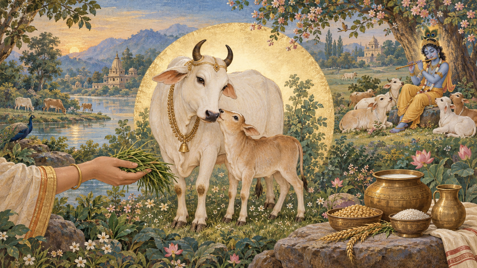 A symbolic illustration centers a cow and calf amid pastoral cattle, a hand offering fodder, milk and grain vessels, and a distant divine cowherd playing a flute.