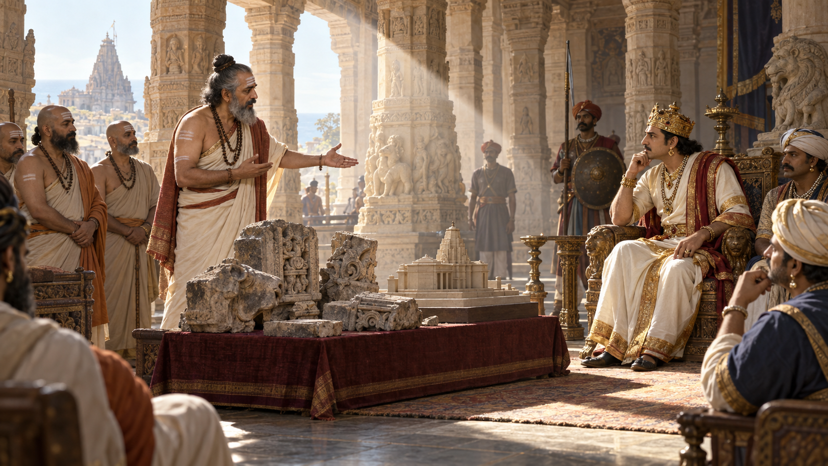 Bhava Brihaspati addresses King Kumarapala and his court about restoring the damaged Somnath shrine.