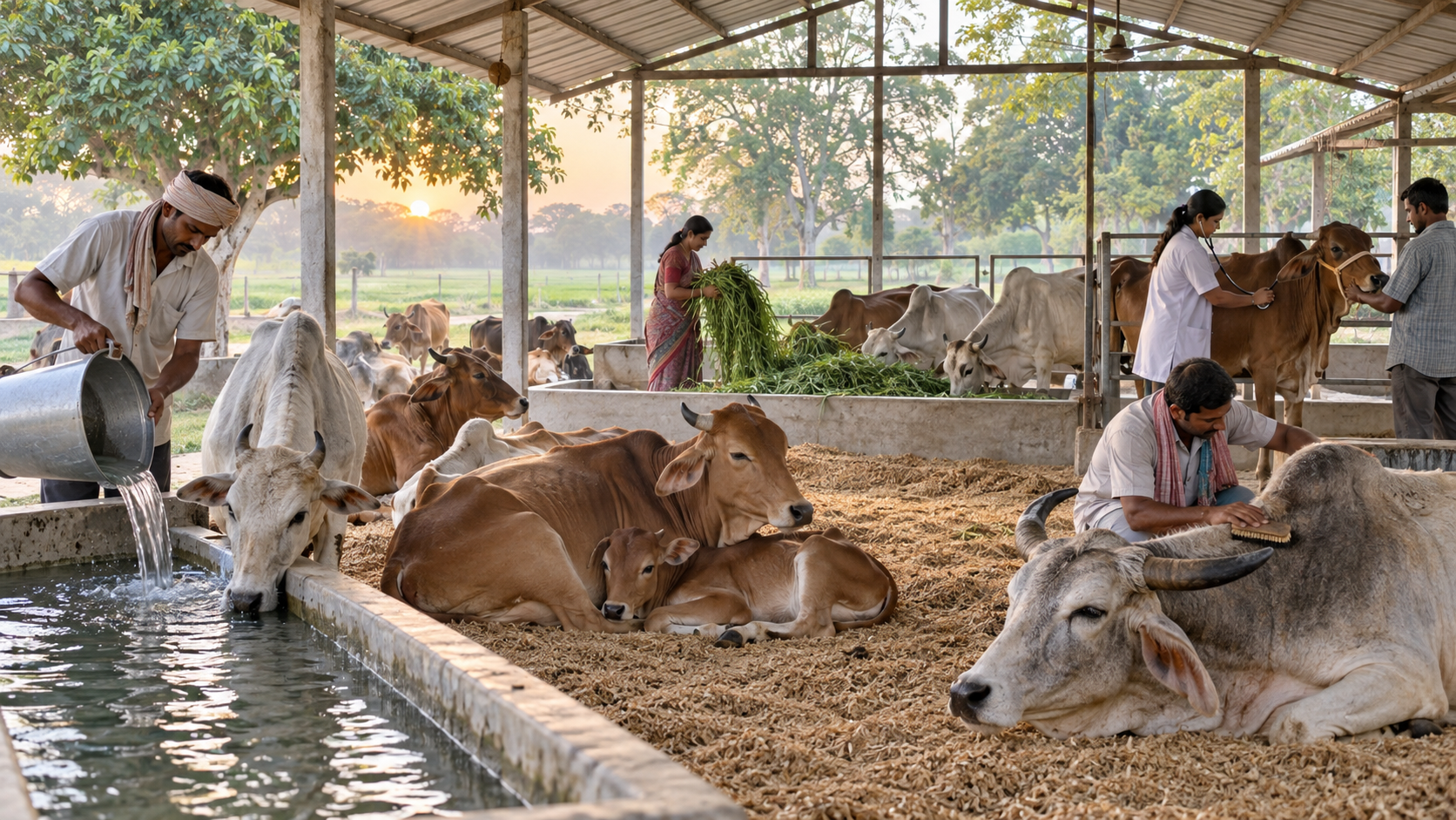 Caregivers feed, water, groom, and provide veterinary attention to cows and calves in a clean open-sided cattle sanctuary.