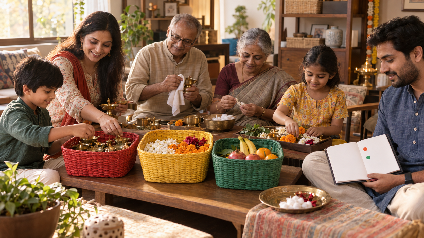 A multigenerational household sorts lamps, flowers, fruit, and vessels into separate baskets while preparing for upcoming observances.