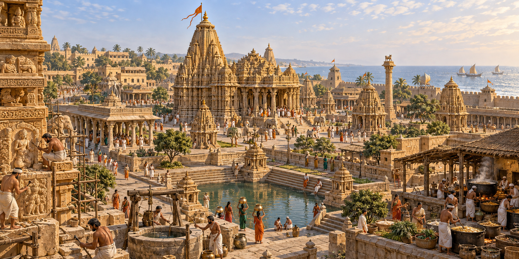 An elevated view of medieval Somnath with its main temple, subsidiary shrines, halls, residences, kitchen and water facilities in active use.