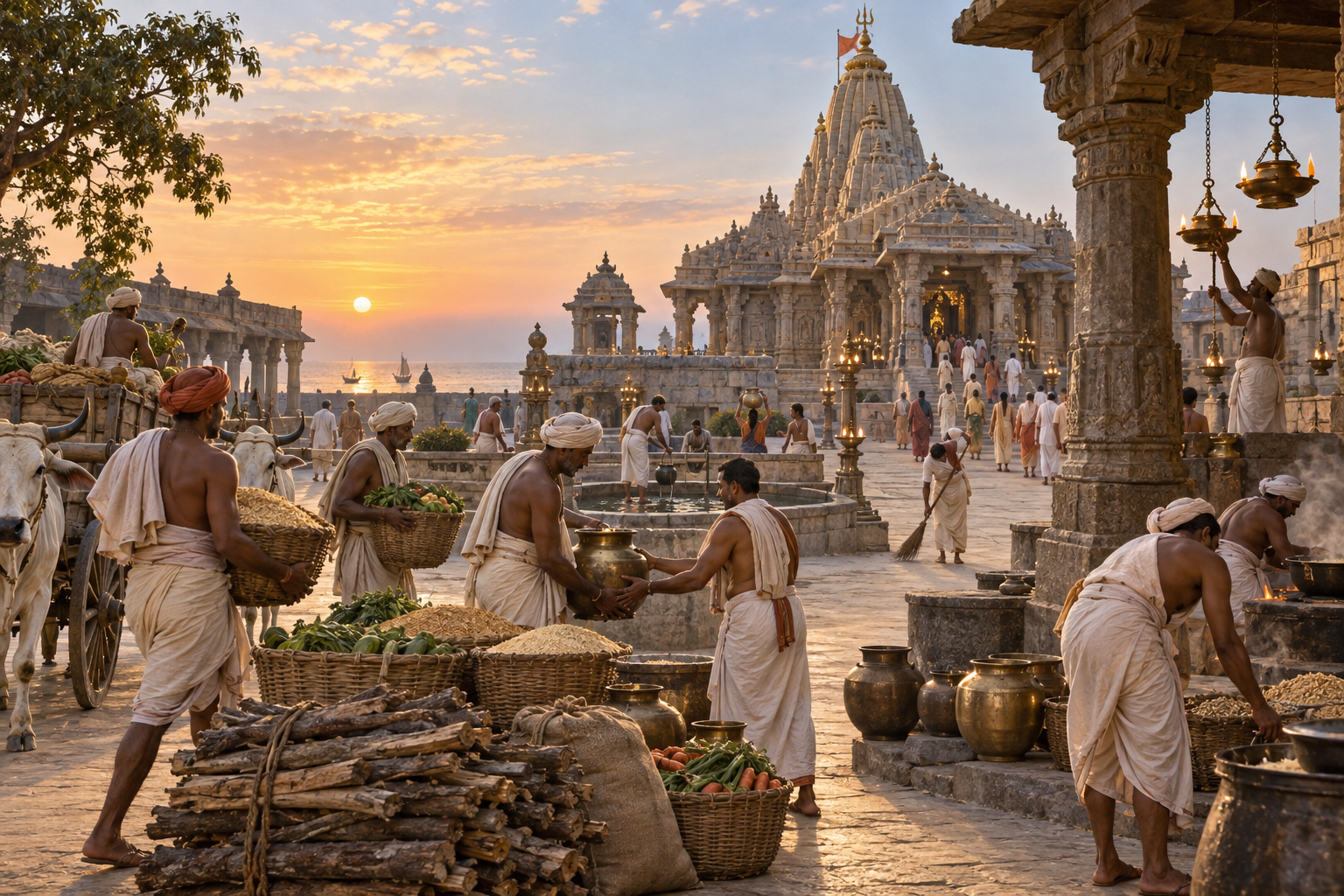 Cultivators and temple workers deliver and prepare provisions as attendants maintain daily worship at medieval Somnath.