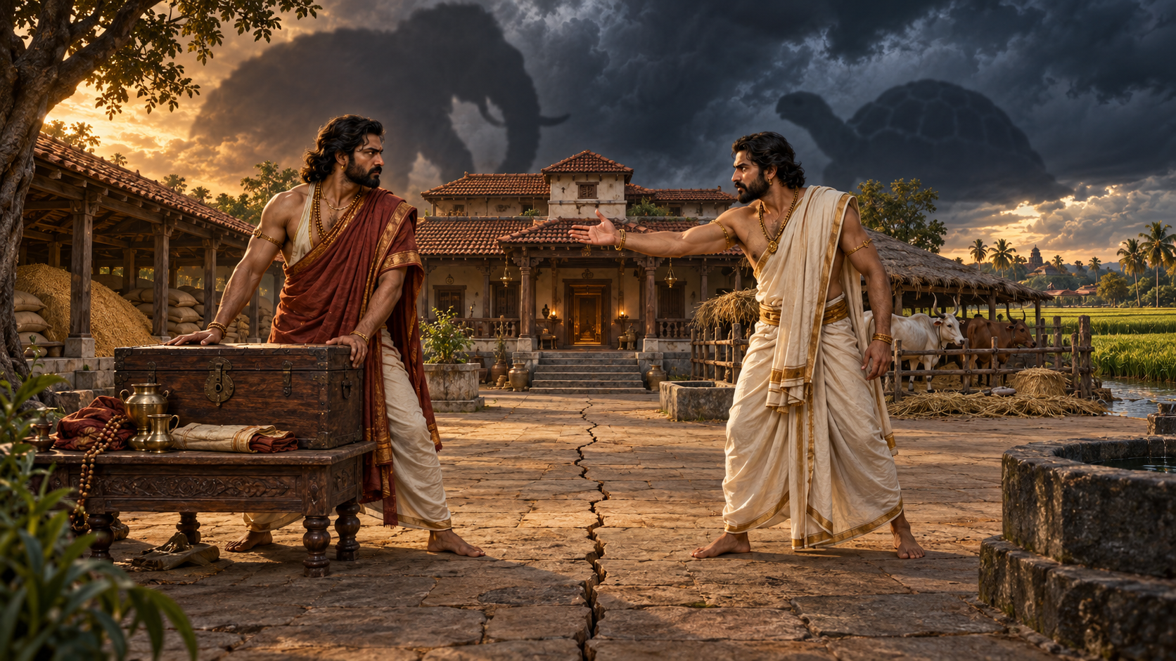 Two brothers argue across a shared ancestral courtyard as a crack divides the floor and their shadows resemble an elephant and a tortoise.