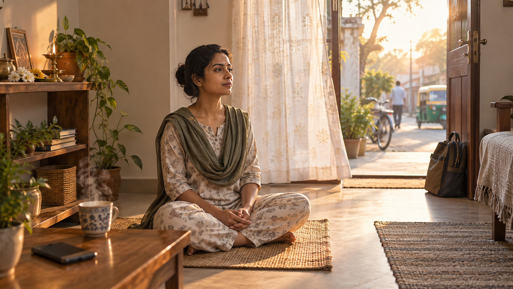 An adult sits calmly on a woven mat in a modern Indian home at dawn, with an oil lamp, tea, phone, and work bag nearby.