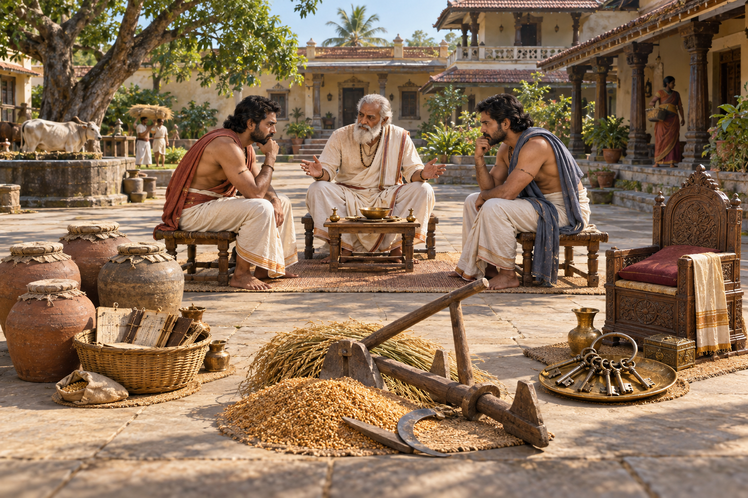Two brothers and an elder sit among storage jars, farm tools, grain, and household keys representing different parts of a property dispute.