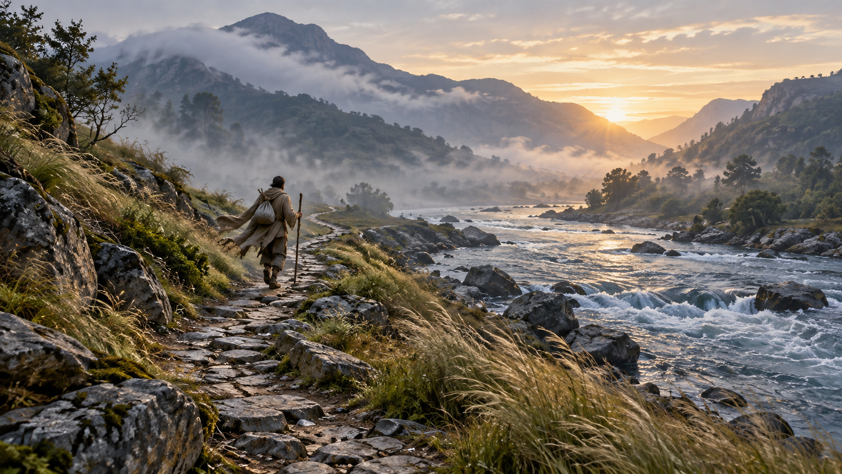 A pilgrim with a walking staff follows a winding stone path beside a river toward a sunlit gap between misty hills.
