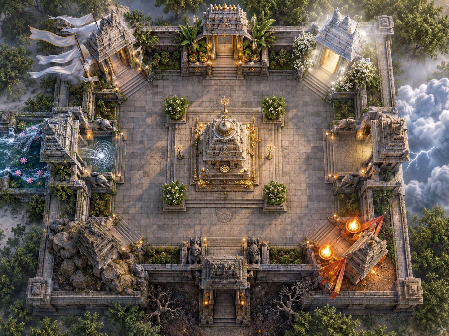 Overhead view of a square Hindu temple enclosure with a central shrine and eight distinct guardian stations arranged around its cardinal and intermediate directions.