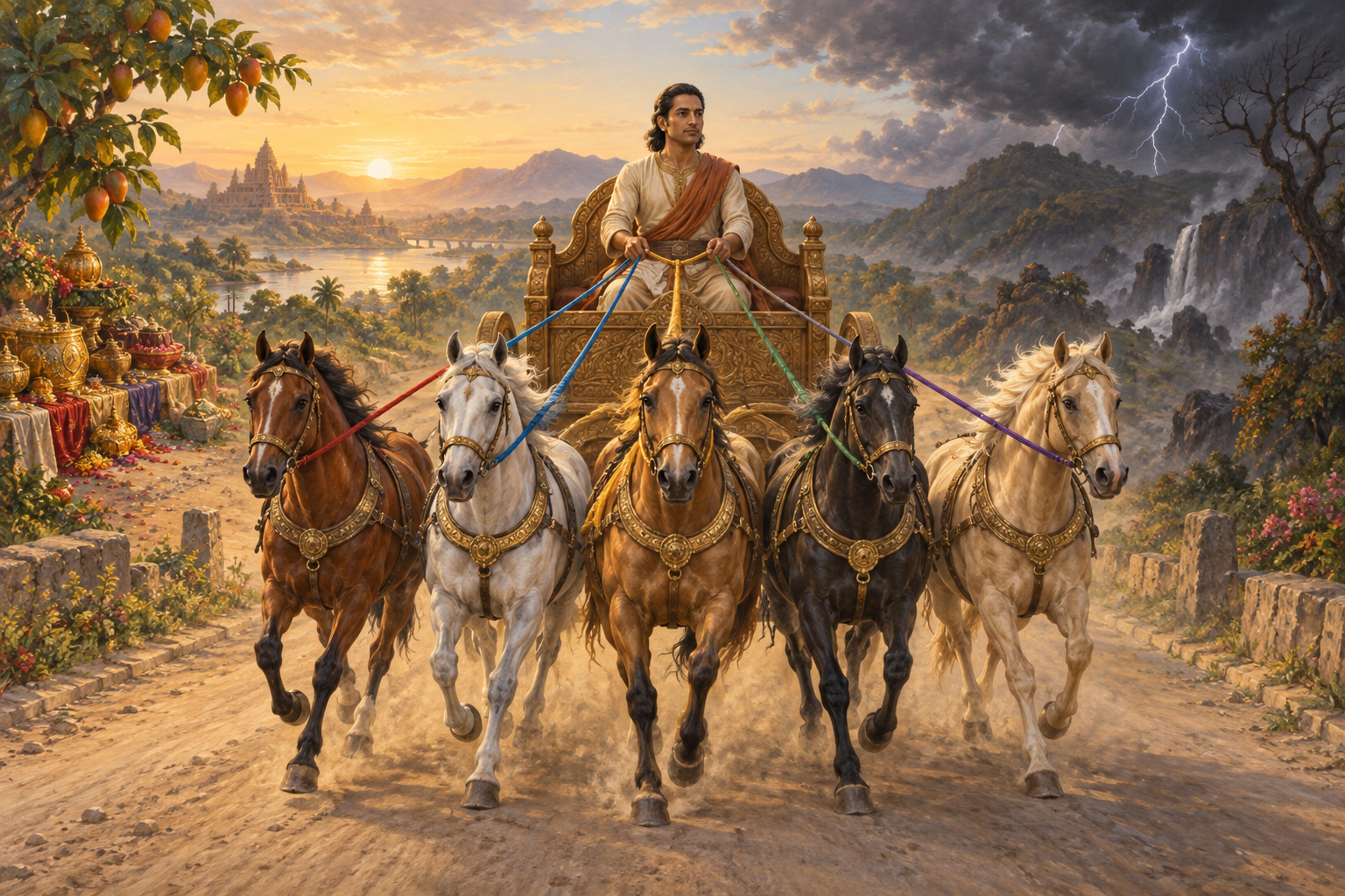 A calm charioteer guides five energetic horses together along a road bordered by tempting objects and storm clouds.