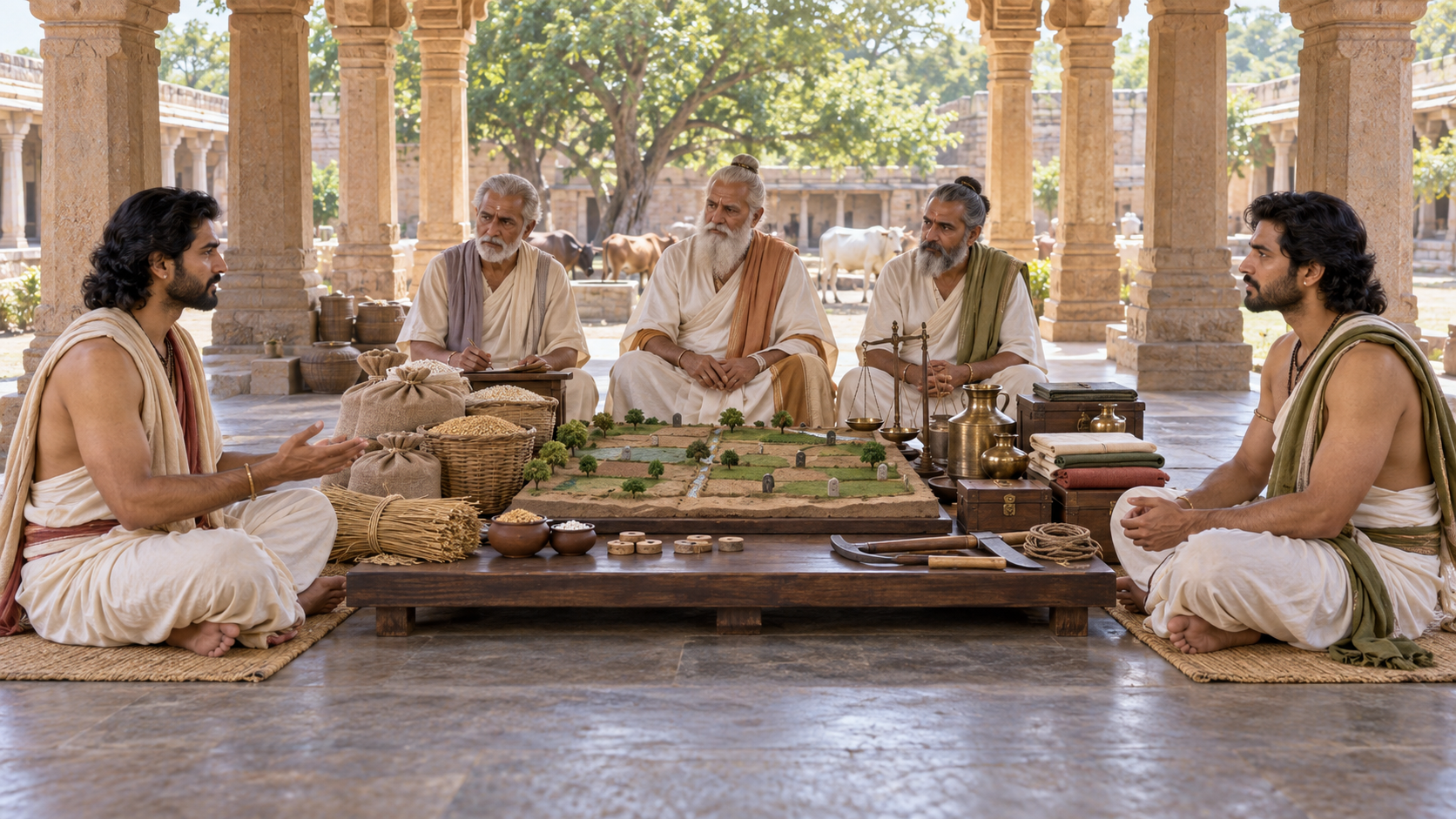 Two brothers take part in a mediated property inventory with elders, measuring tools, scales, grain, and household possessions.
