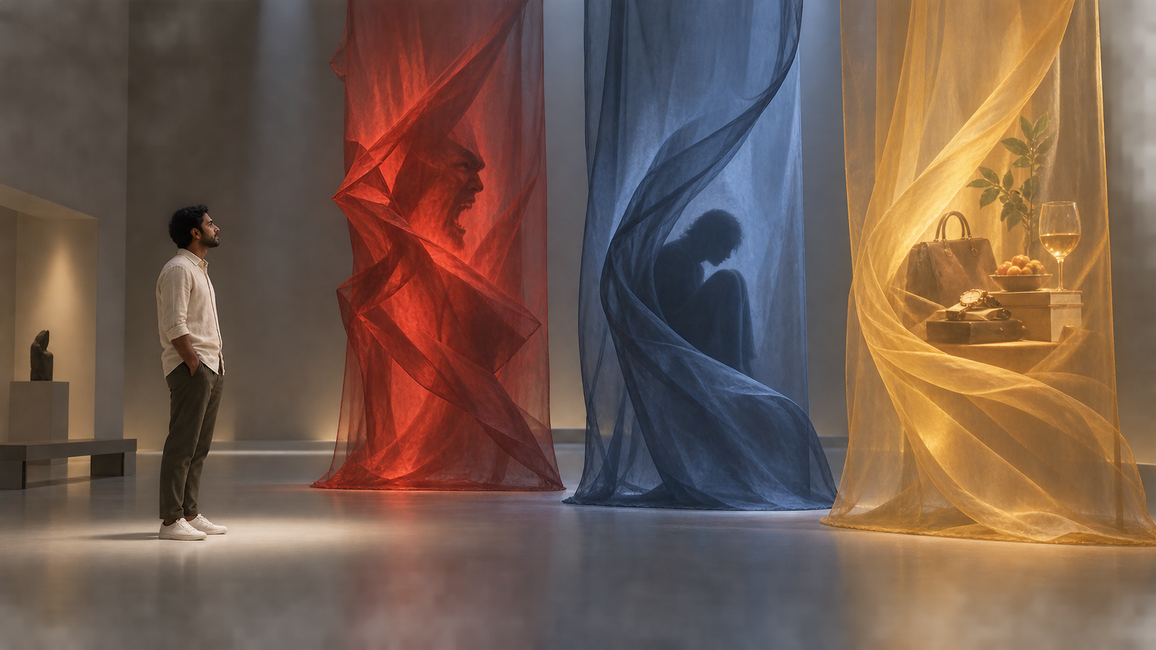 A person calmly observes three translucent panels colored red, blue, and amber in a quiet room.