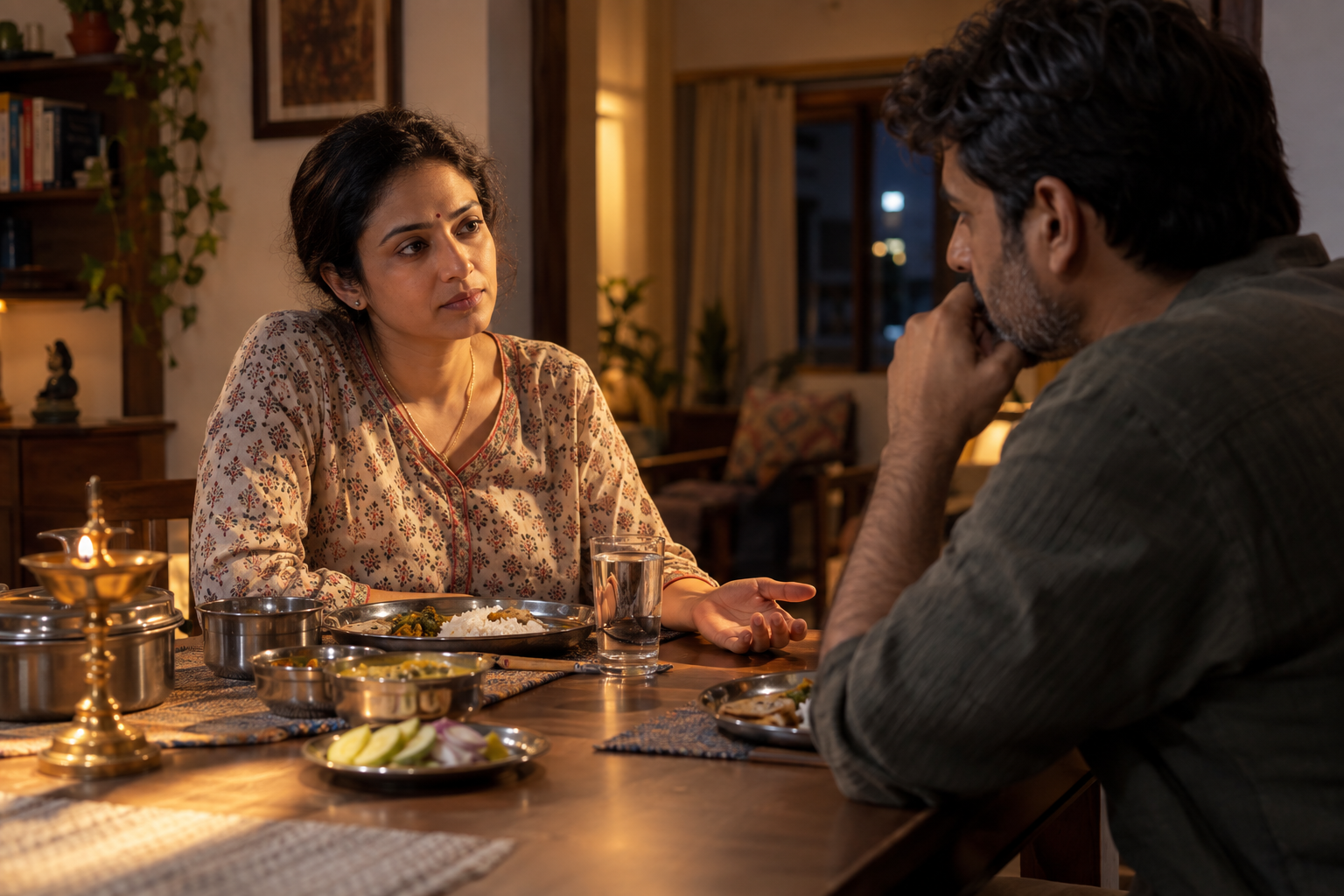 Two adults sit at a dining table while one pauses with an open hand and calm expression before responding.