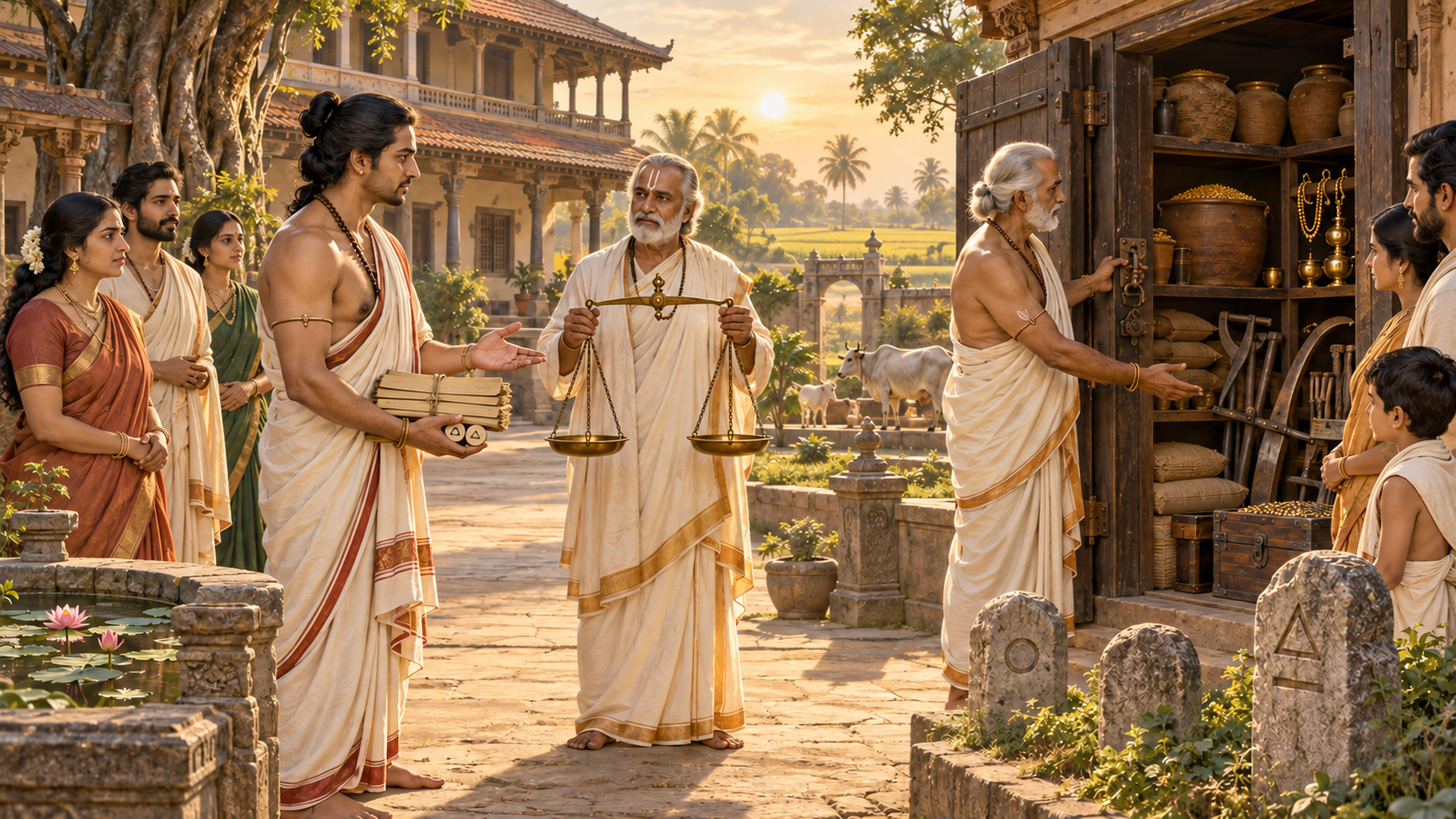 A claimant listens on one side while a family custodian opens the estate storehouse on the other, with an elder holding balanced scales between them.