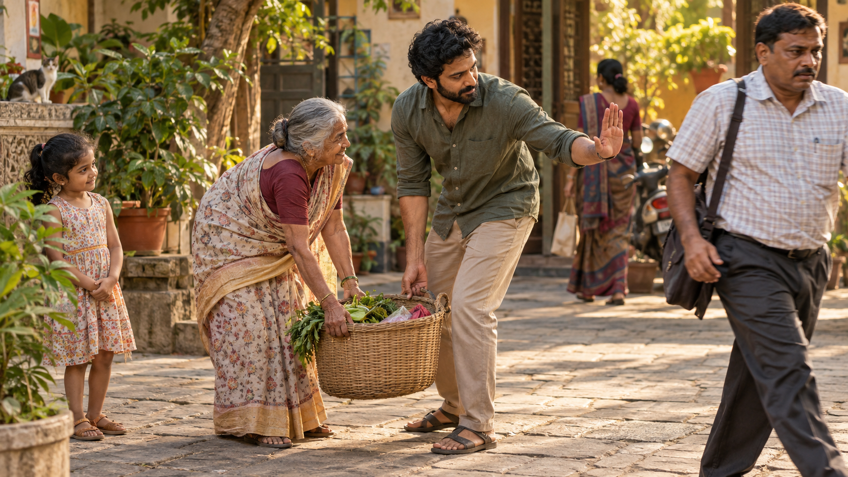 An adult helps an elderly neighbor with a basket in a sunlit courtyard as another passerby moves ahead.
