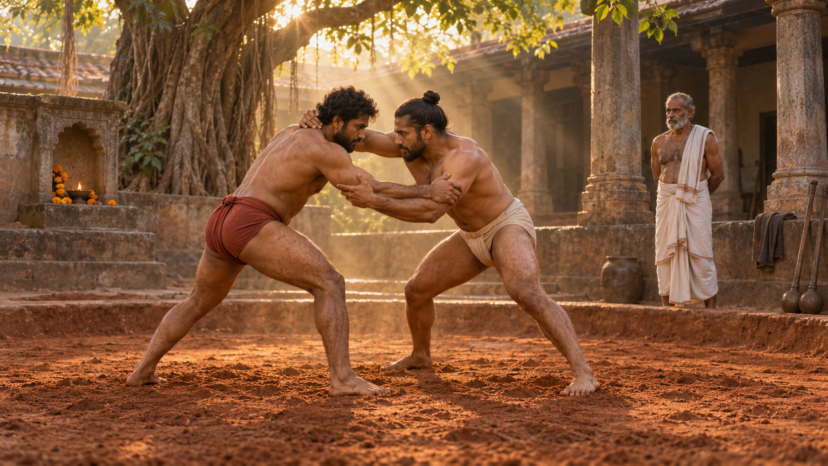 Two wrestlers practice a controlled standing grapple in an earthen courtyard while a senior teacher observes at dawn.