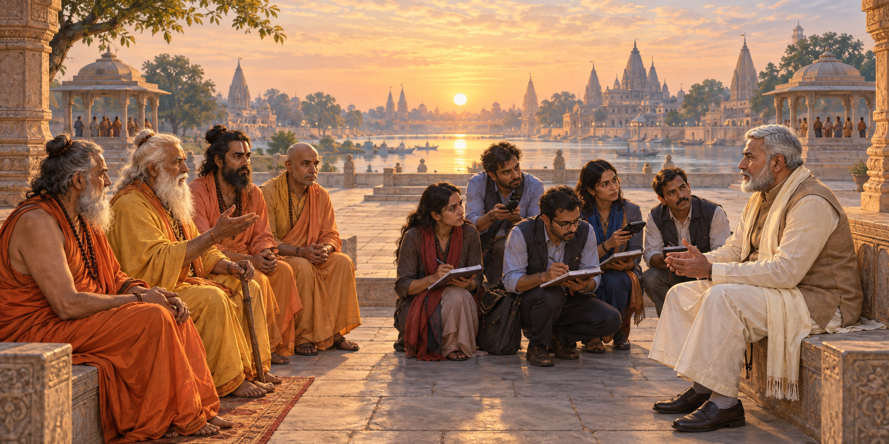 Hindu seers and a fictional political figure face one another across an Ayodhya courtyard while journalists verify their statements.