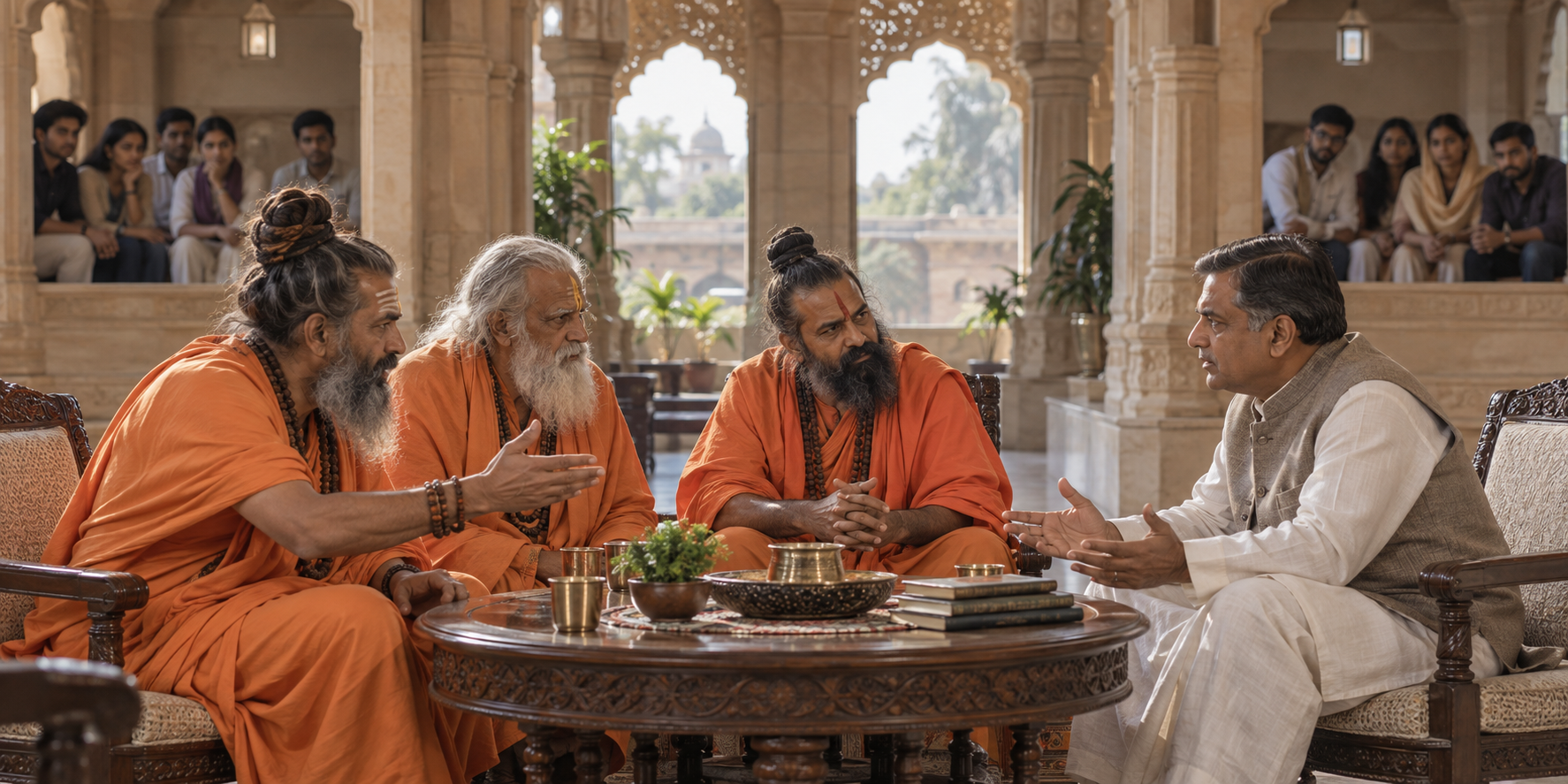 Three saffron-robed seers speak directly with a fictional politician as two separate civic groups observe from the background.