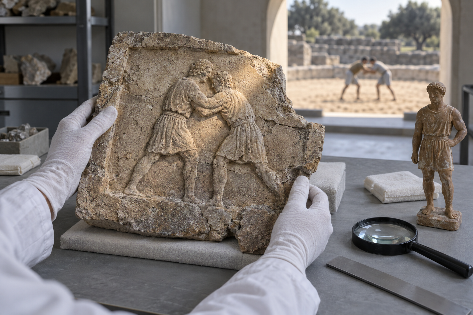 Gloved hands examine a weathered stone relief of grappling figures beside a clay figurine and conservation tools.