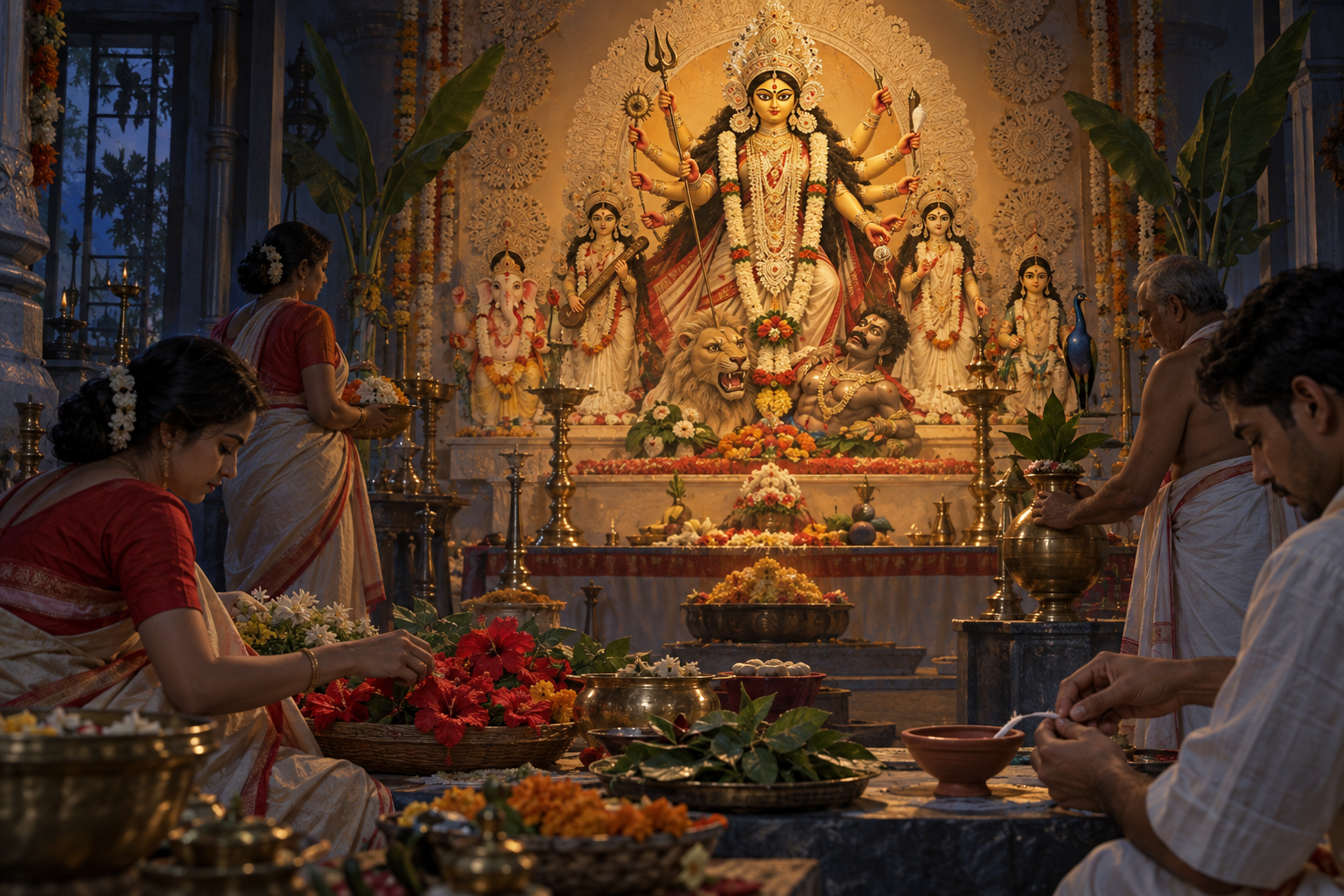 Devotees arrange flowers, a clay lamp, a brass vessel, and a bilva branch before a softly illuminated Durga image.