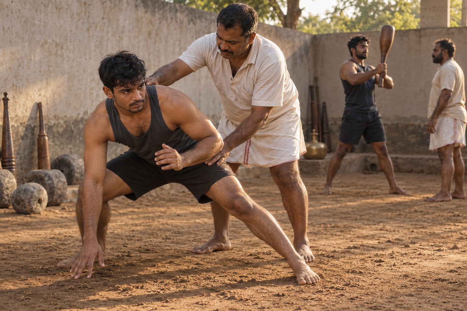 A coach adjusts a trainee's wrestling stance in an earthen gym while another practitioner exercises with a wooden club.