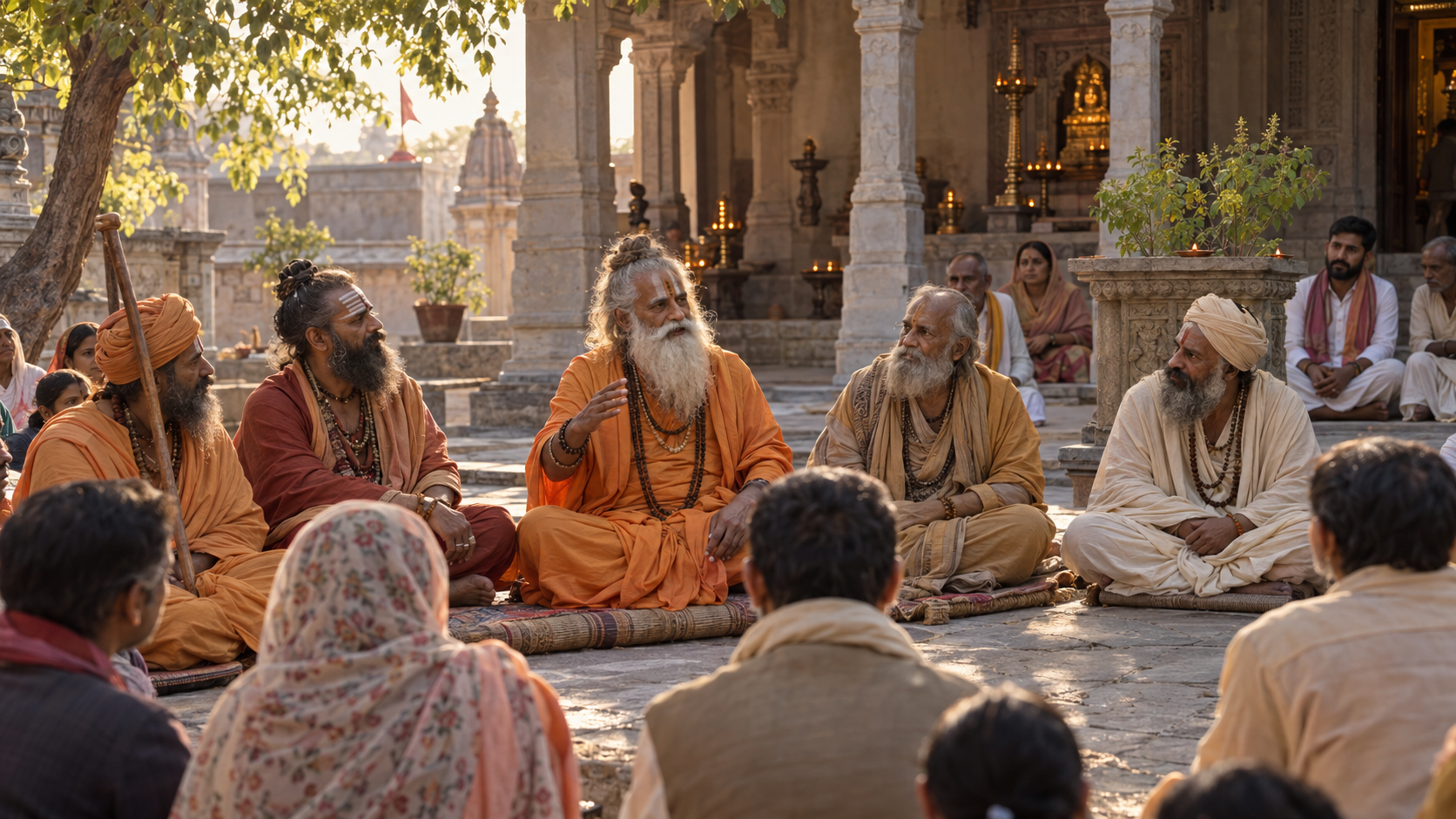 Fictional Ayodhya seers sit in a temple courtyard while local residents listen to their discussion.