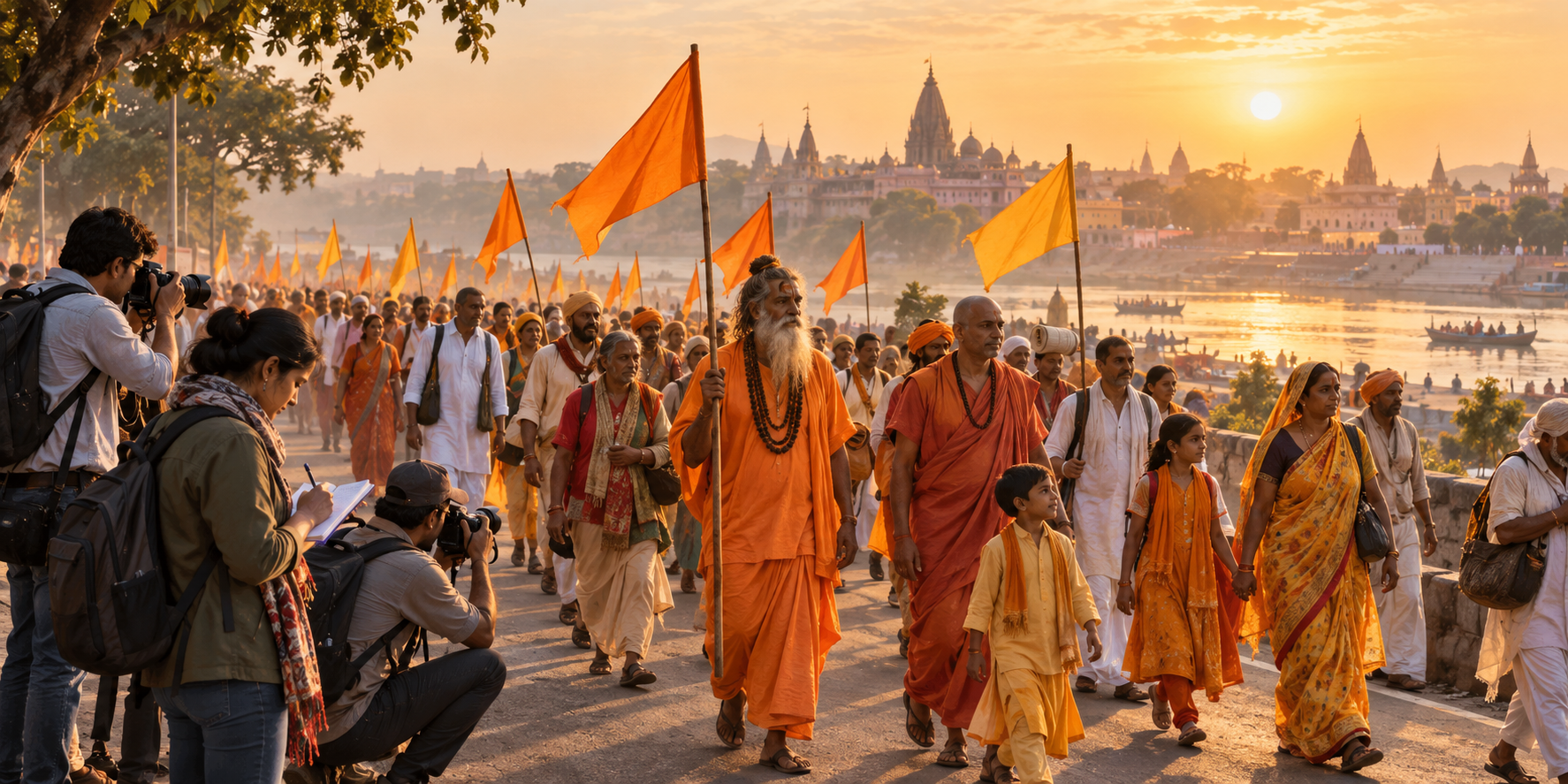 A peaceful procession of pilgrims and monks travels near Ayodhya as reporters observe and take notes at the roadside.