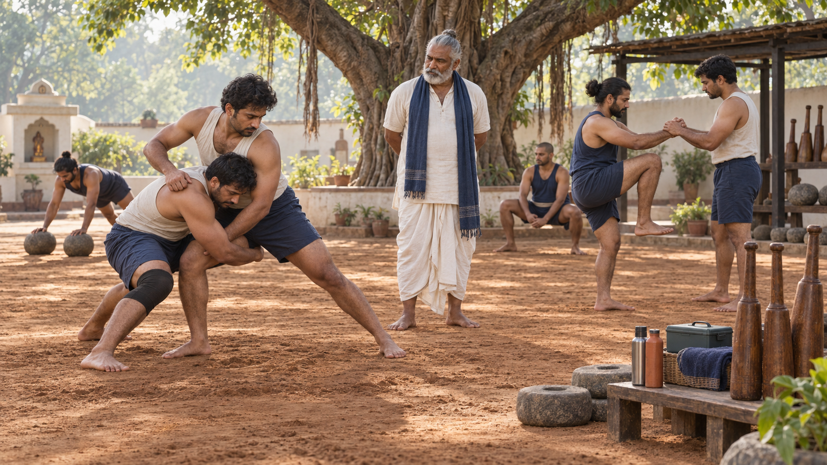 A senior teacher supervises adult students practicing controlled grappling and conditioning in a clean earthen training courtyard.