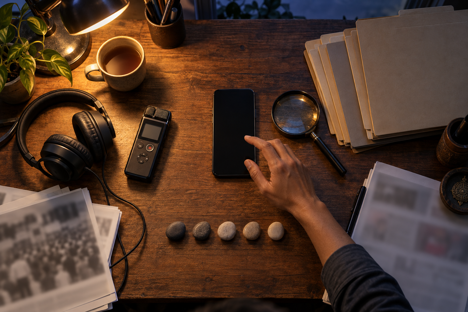 A hand pauses over a smartphone beside source folders, a recorder, a magnifying glass and five verification stones.
