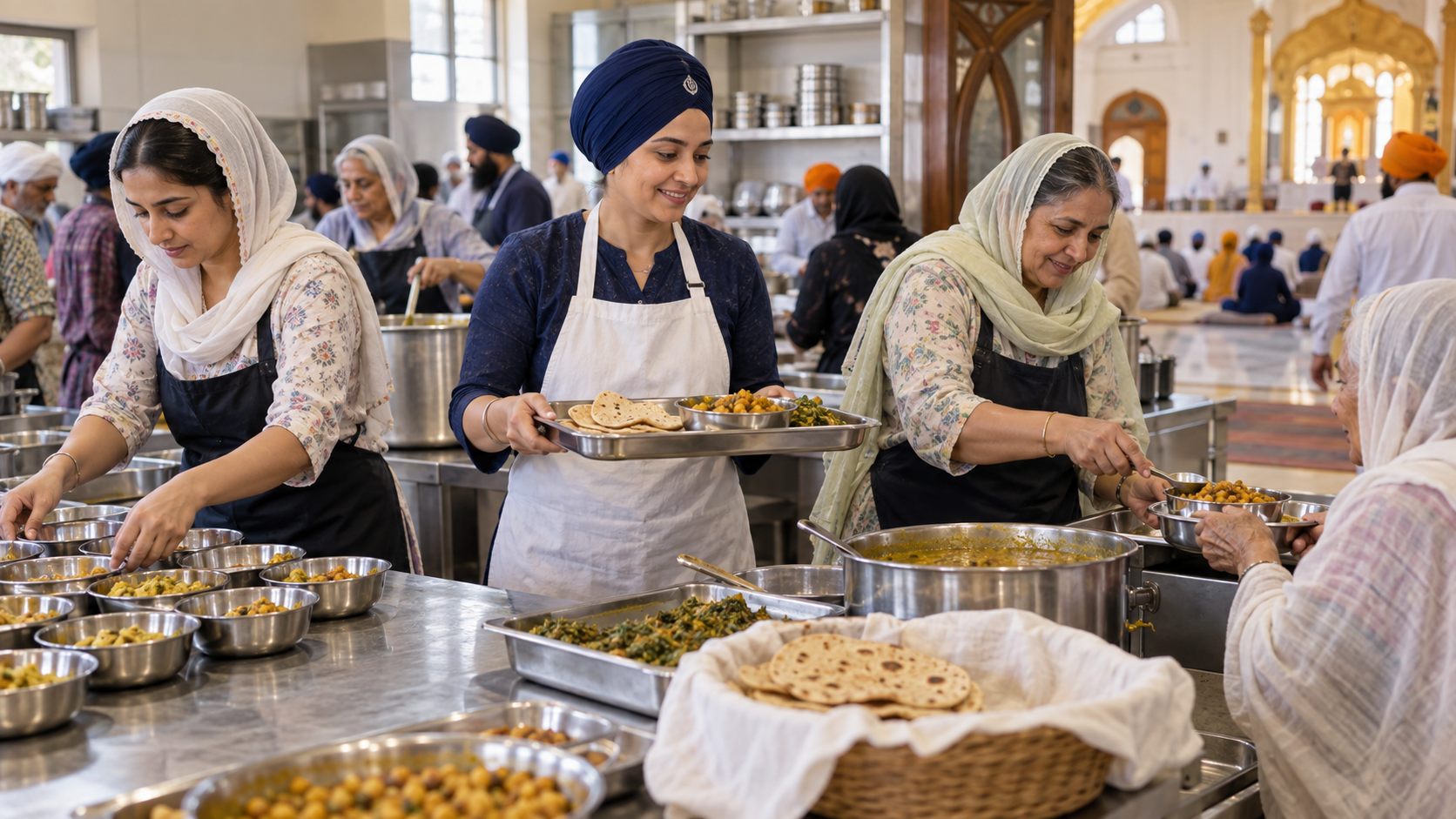 Sikh women of different generations prepare and serve a communal meal with other volunteers in a gurdwara kitchen.
