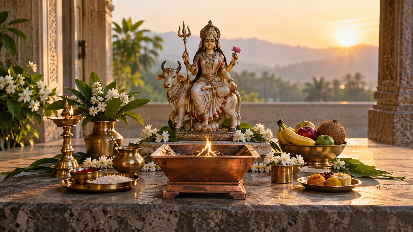 Home altar for Maa Shailaputri with white flowers, brass puja items, and a small controlled fire in a copper havan kund.