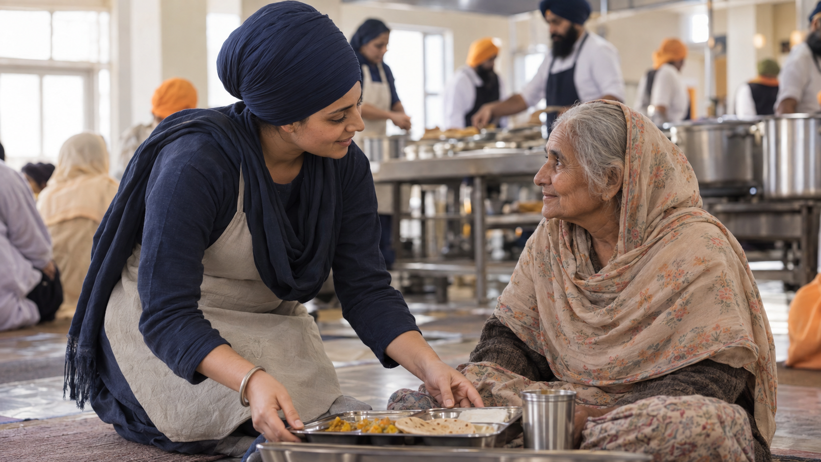 A Sikh woman in a navy dastar places a meal tray beside an older community member in a langar hall.