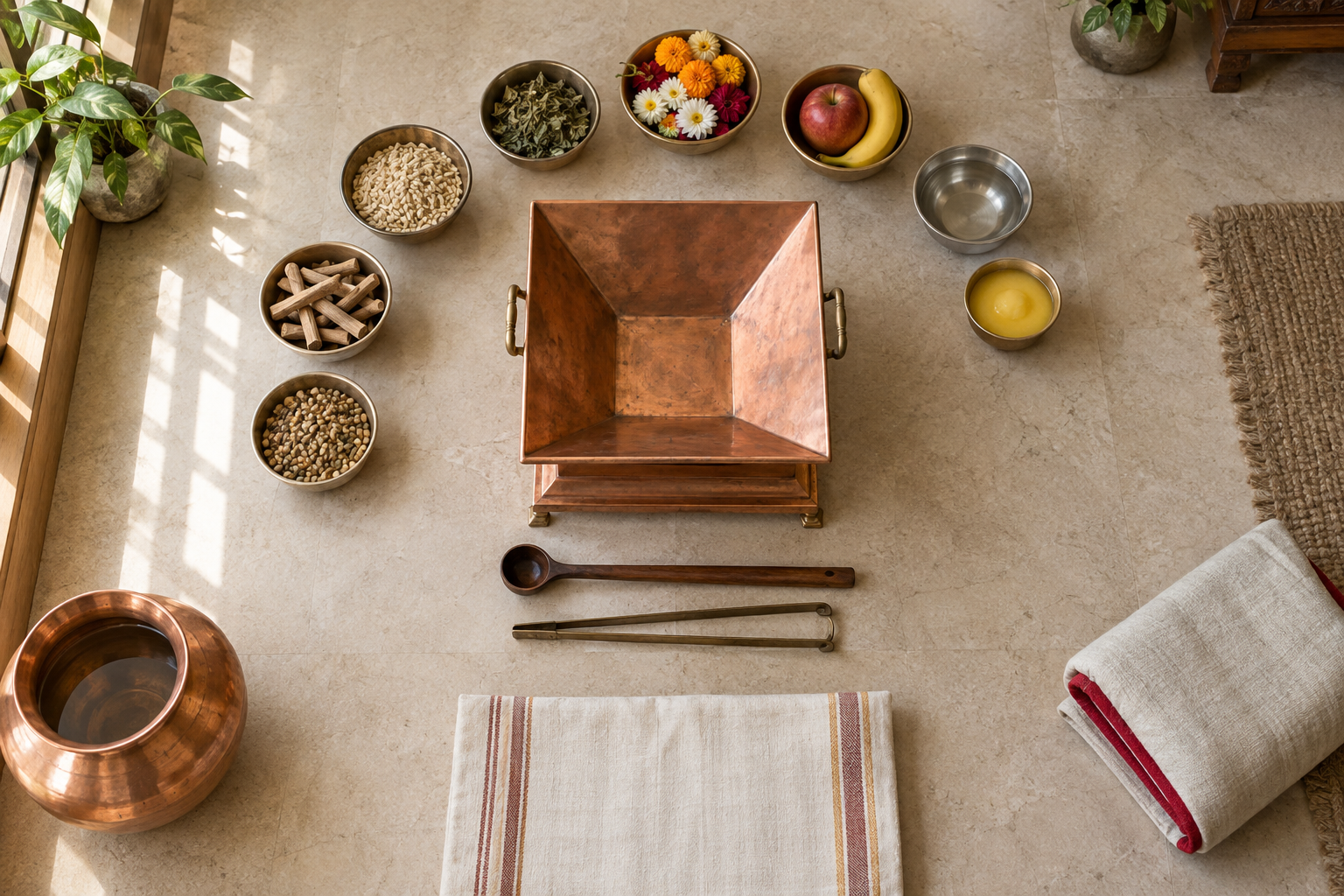 A simple home havan space with a copper fire altar, offerings, utensils, water vessel, and fire-safety items arranged on a stone surface.