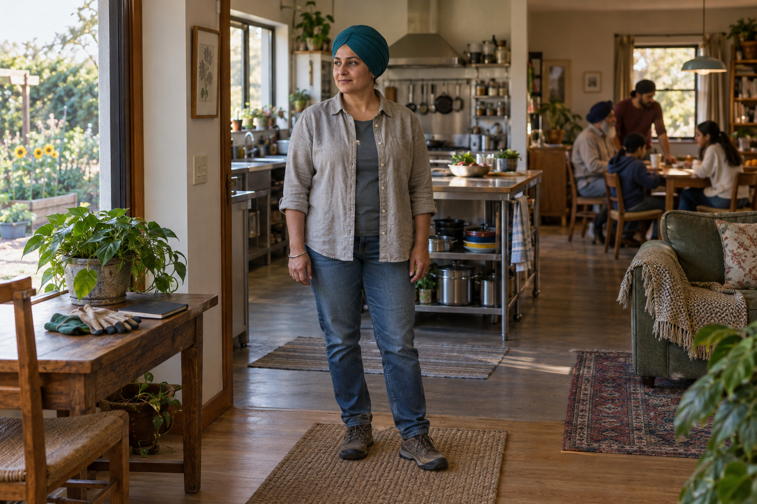 A Sikh woman in a teal dastar stands in a community space with a kitchen, gardening gloves, and family activity around her.